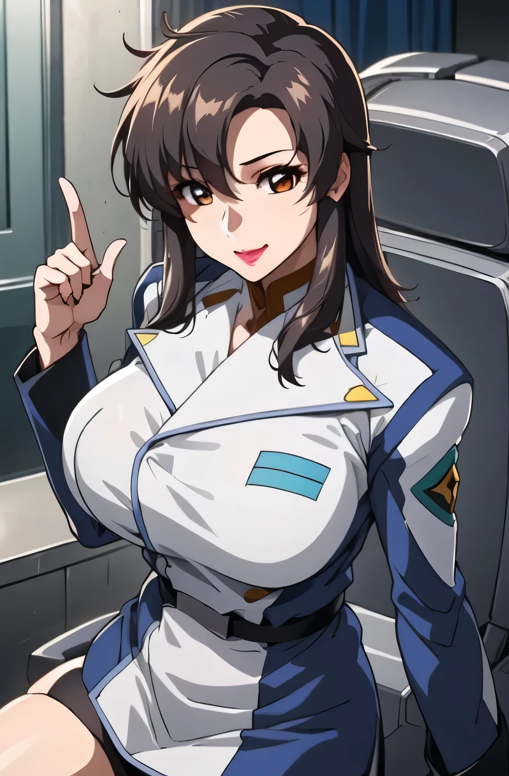 (Perfect body),Best Quality,16 K、(military outfits)、((a miniskirt))、White knee socks、Black belt、Open jacket、((Blue bra))、Blue striped panties、Panchira、:o、I have my mouth wide open、(((asymmetrical bangs)))、partedbangs、(((Hair is medium straight)))、(Brown eyes),((Brown hair)),(Sweat)、(Big ass)、huge-breasted、(((thick thighs)))、Arms are spread、Spreading legs、(Inside the spaceship)