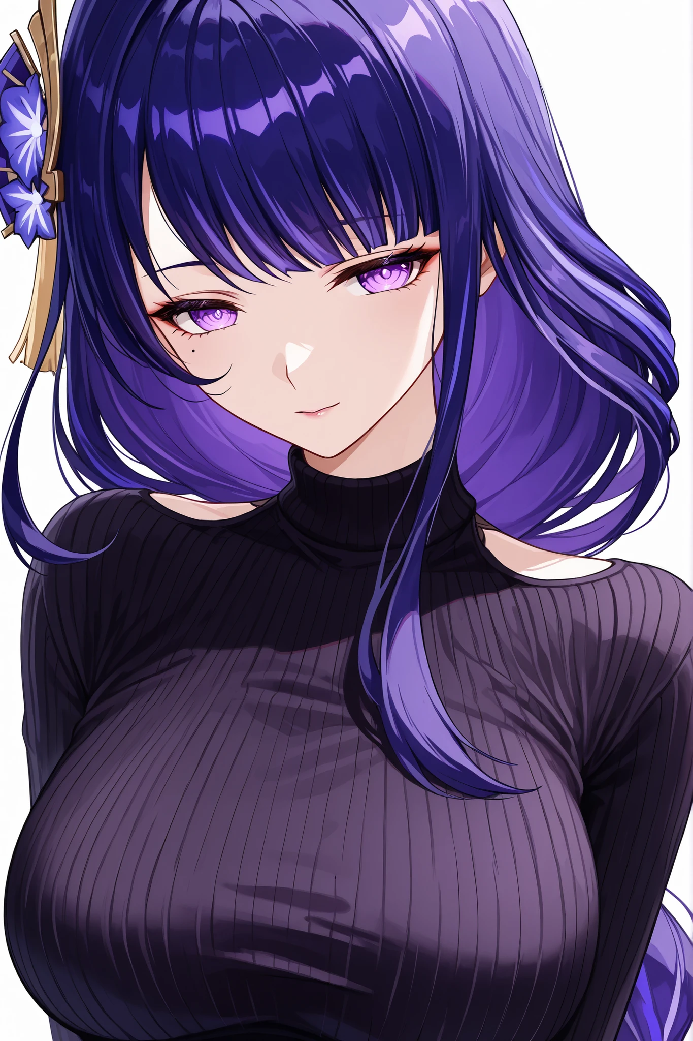 Raiden Shogun, upper body portrait, from neck up, beautiful face, seductive eyes, mature and married woman vibe, wearing a tight sweater, sexy and elegant, detailed, genshin style, white background