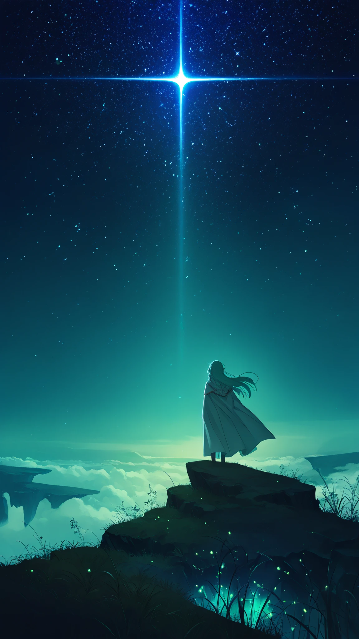 A digital book cover illustration in cinematic style, featuring a silhouette of a lone traveler standing on a cliff, gazing at a glowing compass floating in the night sky, the traveler is a female knight with her cape flapping in the wind a long with her long hair. The background shows a vast, starry sky with northern lights in soft blue and green tones. A single leaf floats gently in the foreground, symbolizing reflection and wisdom. The atmosphere is serene, deep, and introspective. The style is ultra-detailed, high-resolution, digital painting, with dramatic lighting and emotional depth. No text