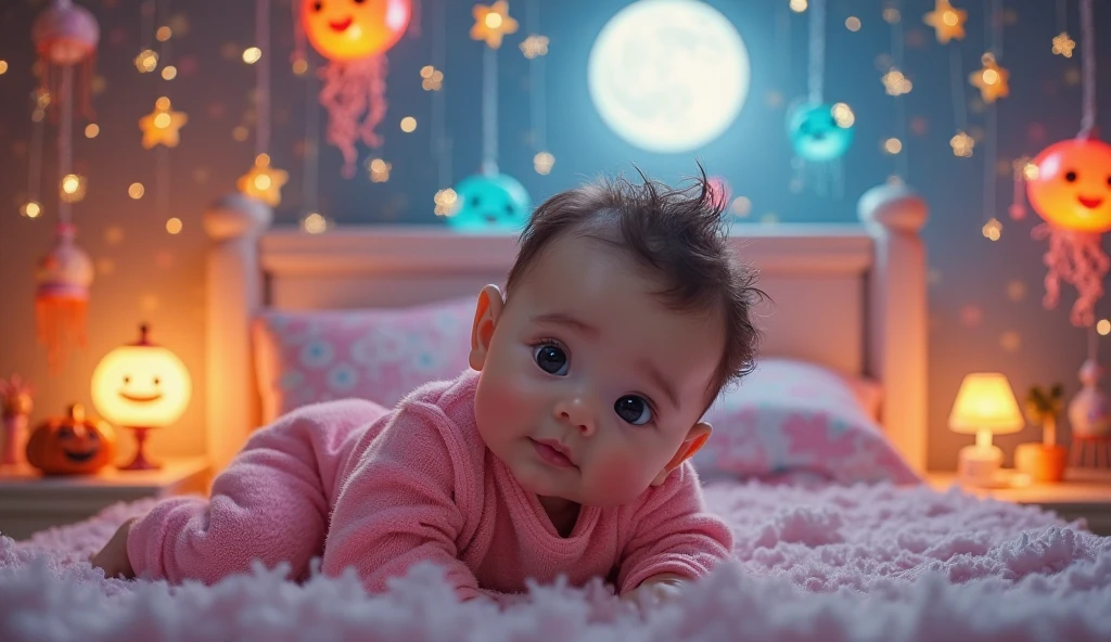 Childrenswear outfit, 児童書, Baby sleeping under mosquito net，in a  bedroom, pleasing, cheerful, stas