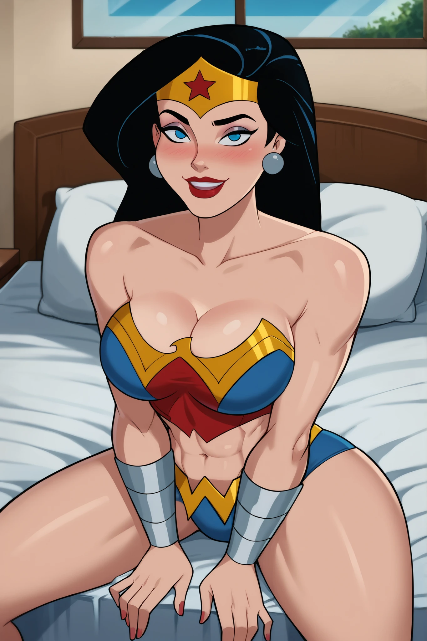score_9, score_8_up, score_7_up, source_anime,
dianaprince, diana prince, blue eyes, black hair,
cleavage, bare shoulders, jewelry, star \(symbol\), boots, leotard, star print, superhero,
, (leotard aside, pussy, vaginal penetration, having sex, on bed), looking at viewer, solo, dutch angle, bedroom eyes, smile