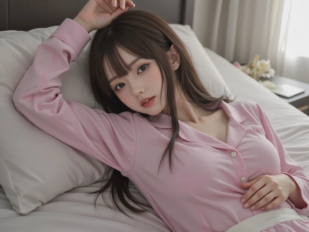 Best quality, masterpiece, ultra-high resolution, 8K, (reality: 1.4), RAW shooting, most detailed face, very detailed and perfect anatomy, live photography; most beautiful face; shining skin; one 18-year-old Japanese.My bangs and eyes are big and cute.It has brown eyes, gentle eyes, long brown hair, a young face, and a large chest.E-cup. Look at the audience. The best smile. Pink pajamas, light-clad pajamas.cute stuffed animal sleeping in bed.