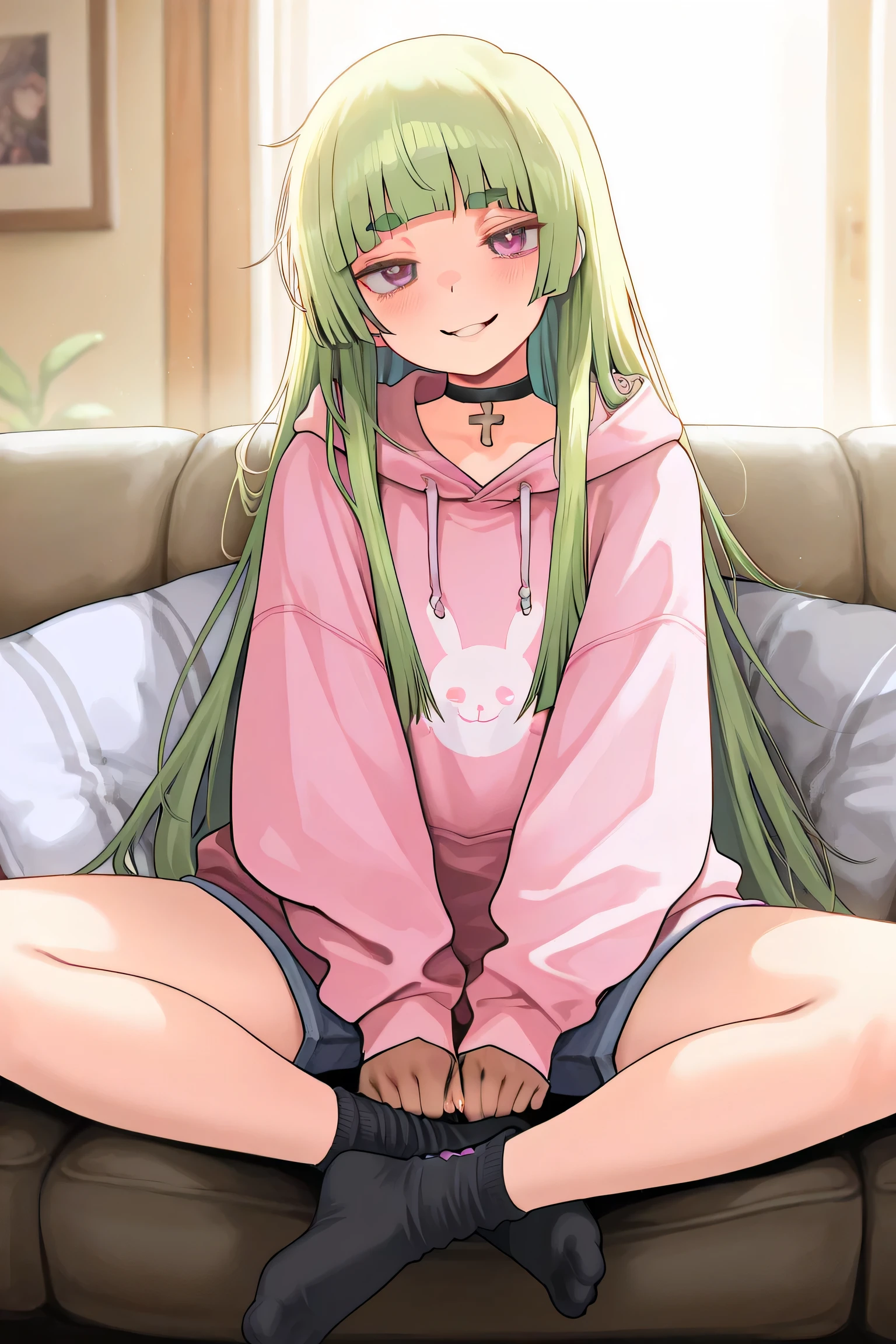 Dirty anime style,,Highest Quality, Ultimate Details, 8K Video Quality
Green haired girl,long long hair,Blunt bangs,thick eyebrows,Purple Eyes,Saggy Eyes,Eyes facing obliquely,Toro eye, Kyodong expression, girl sitting,oversized hoodie, Relaxed Hoodie,denim shorts,ankle socks,collar choker,adorable face,Innocent Gaze, Tilt your head, well-groomed face, slender body, Delicate Body, Lovely Gesture,pure gaze,Strange Expression,cross-legged,Soft Light,Living Room,sofa,cushions, body pillow,sock toe