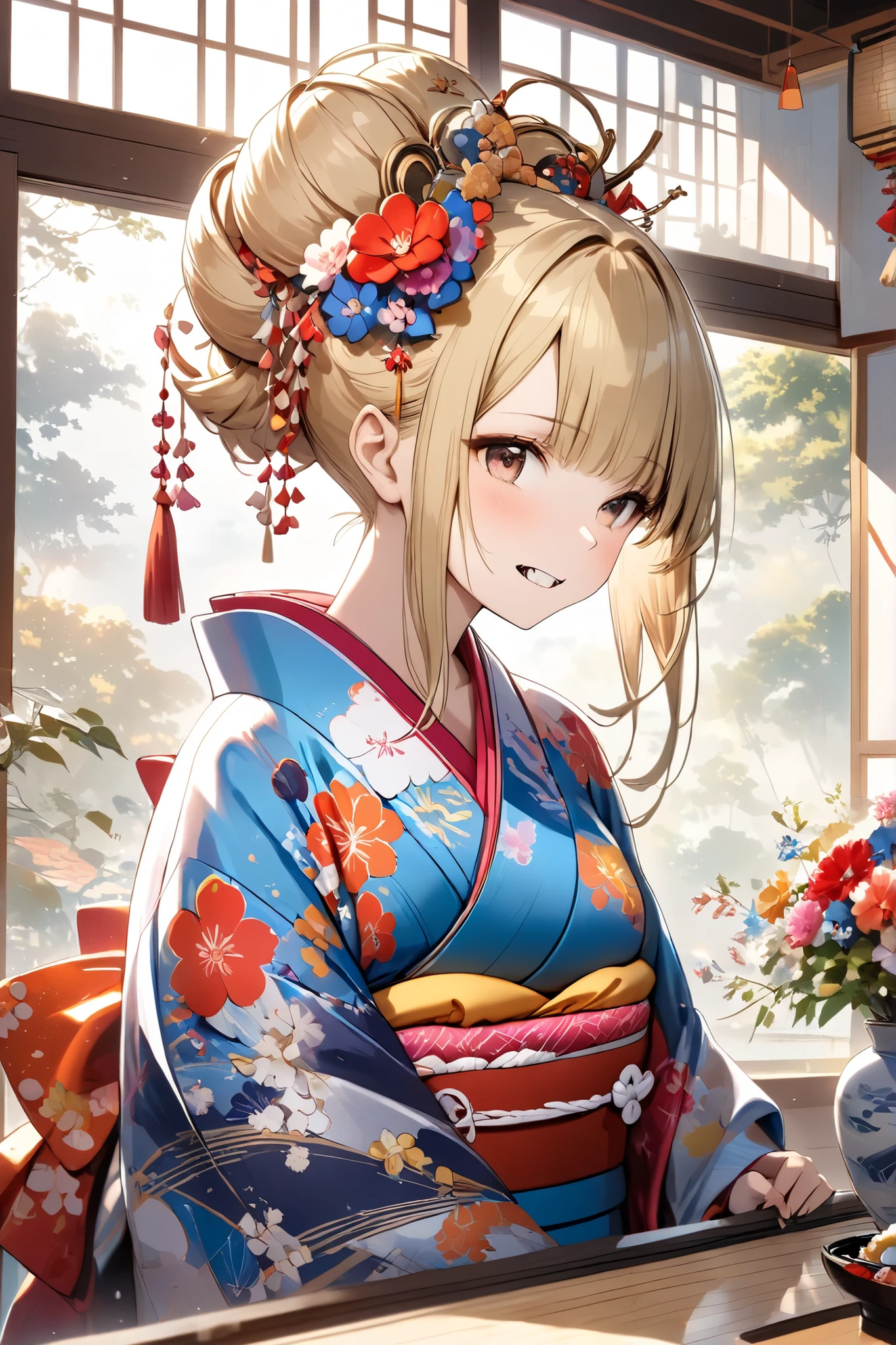 young woman decorated with bold floral patterns. The kimono has a red, Pink, blue flowers drawn on a white background, is complemented by red accents on the collar and cuffs. elaborate hairstyle, dyed bright blonde, combined with bright flowers and hanging decorative tassels: large colorful nigiri sushi-shaped hair ornament, wearing a kimono. The setting suggests a quiet indoor environment, where tradition and playful twists of contemporary fashion are harmoniously blended {x} The scene of her setup, which radiates a seductive sparkle against the white background of her studio , Warm Light, gives a glimpse of the garden and natural scenery outside, as evidenced by the soft bokeh effect from the window, evokes a peaceful afternoon. is adorned with playful accessories, The atmosphere is vibrant with cultural richness and a bit of quirkiness.(((gnawing on a large bun)))
