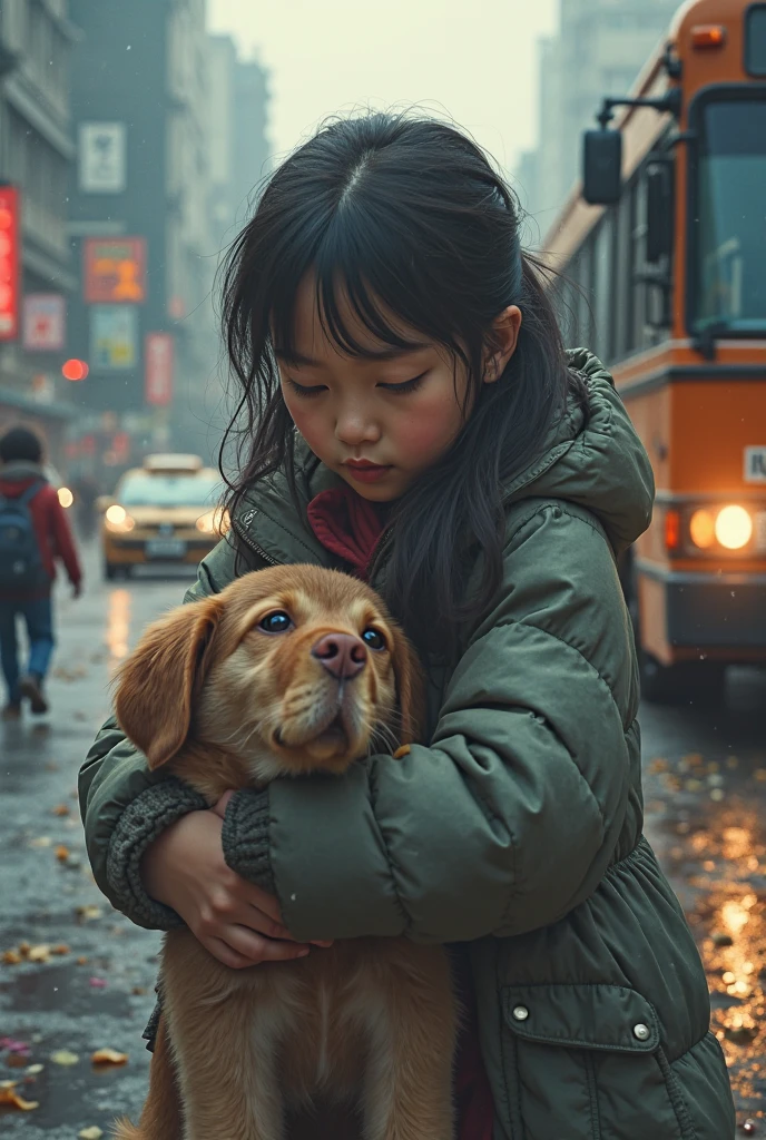 realistis 4d anak gadis kulit realistis rambut hitam yang mengenakan jaket berbulu tebal warna kuning biru, sepatu pink, rok merah kotak kotak, duduk di jalan kota pada malam hari. Anak tersebut harus memakai headphone, memegang boneka anjing besar dengan dua tangan. Latar belakang harus cerah dengan lampu kota yang buram, memberikan suasana dinamis dan penuh warna pada pemandangan. kuwalitas gambar super detail,