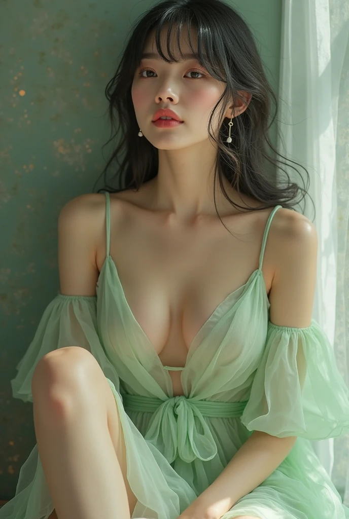 (masterpiece, best quality:1.2), 1girl, solo, professional lightings, cinematic lightings, 8k wallpaper, ultra realistic portrait of chichi, dragonball, chichi_dbz, older ChiChi, mature, Milf, (green, realistic & detailed sheer leaf tanktop, earrings, bangle, bracelet, ultra realistic & detailed sexy string panties), bare foots, detailed face, detailed eyes, highres, detailed skin texture, ultra slim waist, perfect slim body style, black hair, (dango hair:1.15, parted 2 long bangs:1.15), big eyes, double eyelids, (((ultra huge breasts, ultra huge tits, ultra huge boob, ultra huge cleavages))), ((ultra realistic mature older face, ultra detailed mature older face, ultra realistic wrinkles on face and eyes, ultra detailed wrinkles on face and eyes)), (in living room, view palms tree via window:1.1, ocean and beach view via window:1.2, glass short table, wooden floor, house plants, small & narrow island), exposed realistic shaved armpits, disclosed detailed shaved armpits, zoom up angle, close up angle, looking at viewer, lay down on your back, on bed, spread legs to viewer, (nsfw:1.35),