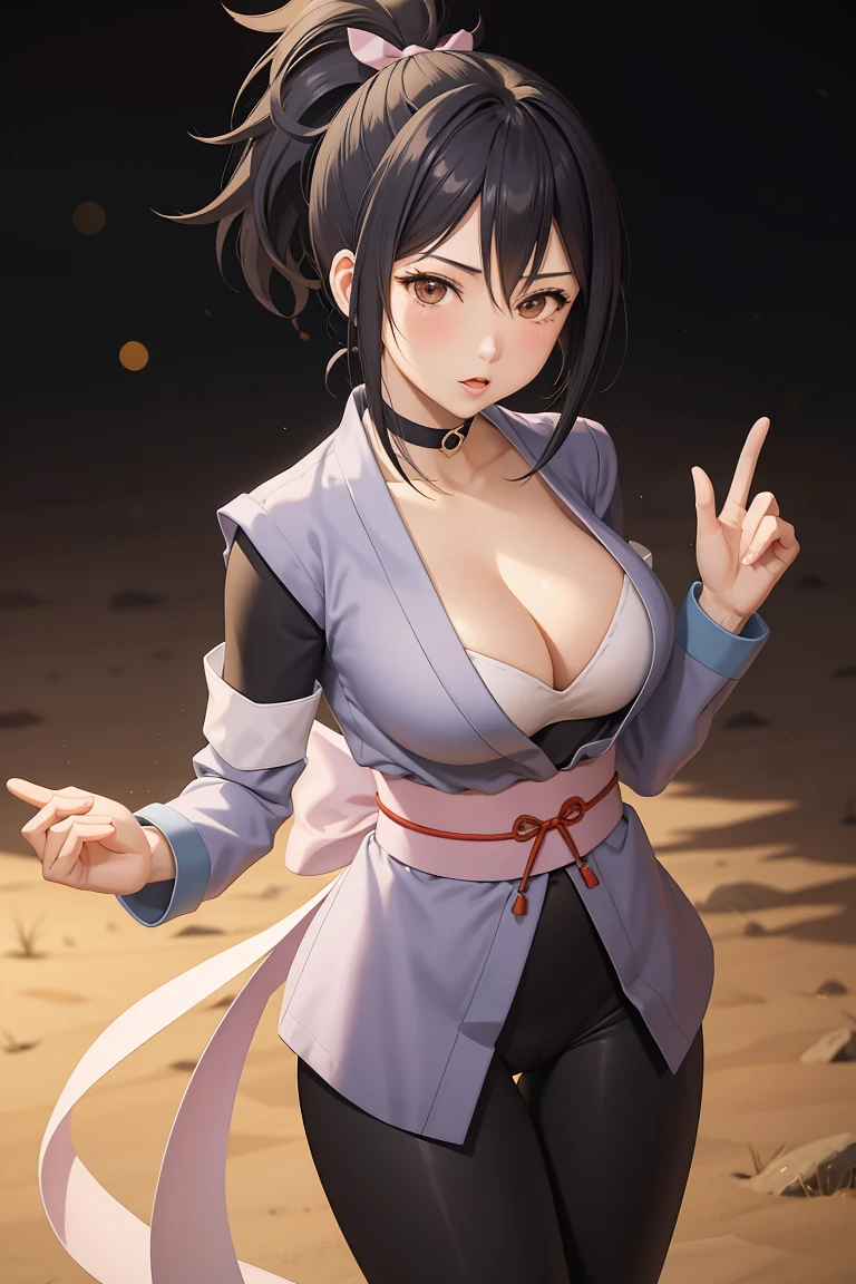 sheena fujibayashi, (masterpiece), (best quality), 1girl, (ass focus:1.1), strong legs, japanese clothes, black leggins, (pivix), detailed mouth, detailed face, (detailed eyes:1.2), BREAK black hair, ponytail, choker, cleavage, small breasts, cowboy shot, bokeh, detailed background <lora:add_detail:1> <lora:Sheena_Fujibayashi:0.7>