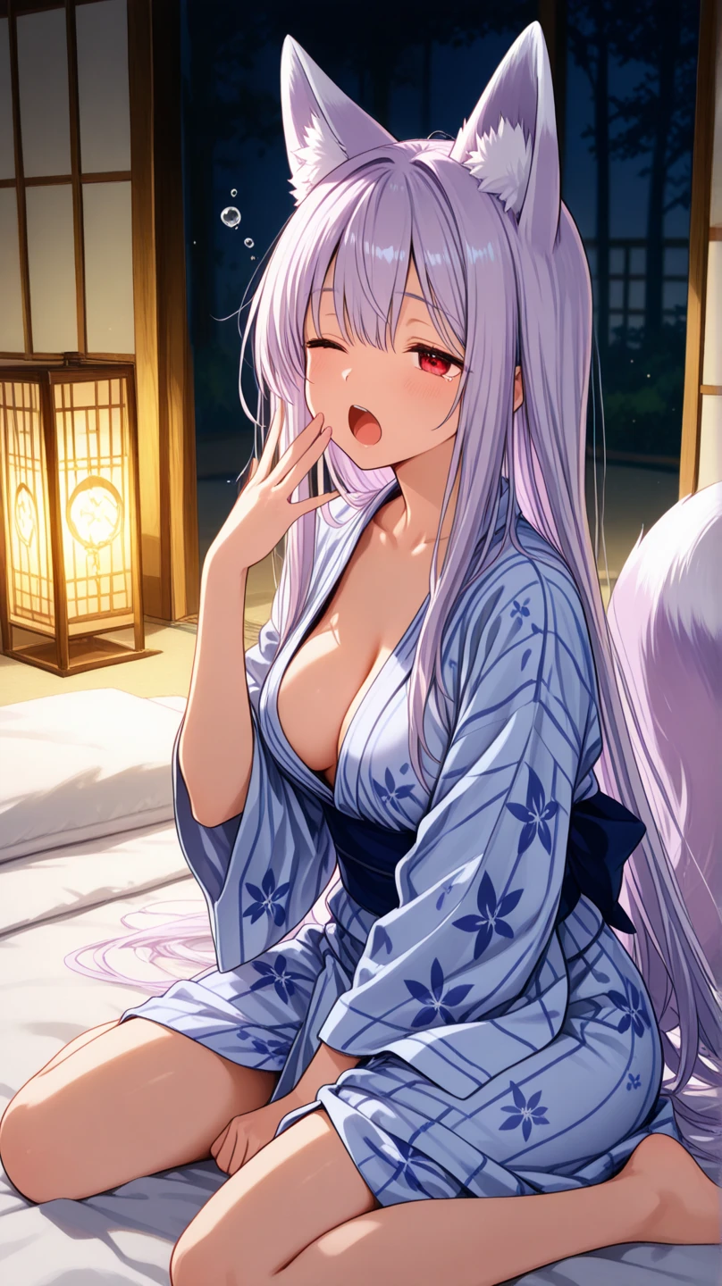Inside the house overlooking the garden of autumn leaves,Japanese houses,veranda,fluffy hair,bluish-silver hair,Winter clothes with a wide open chest,I can see the cleavage,baggy long sleeves,skirt with slides,Green grass,shuicolor,pink there,amarelo,Light purple,blanche,Irridescent color,Loose socks,He leans forward a little and points at shogi..,holding shogi pieces in hand,giant shogi piece figurine,Look seriously at the person in front of you,Slight red tide,Sitting upright,An anxious face that looks a little anxious,