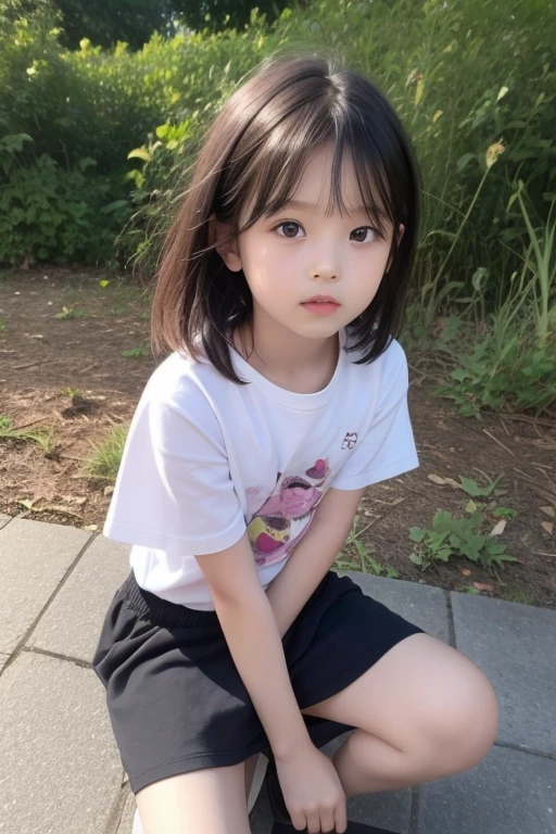 8k,Japanese,9 years old,Innocent face,Teenage Girl,cute,Random color plain t-shirt,Casual wear,Sitting,Black Hair,garden,Hair Clip
