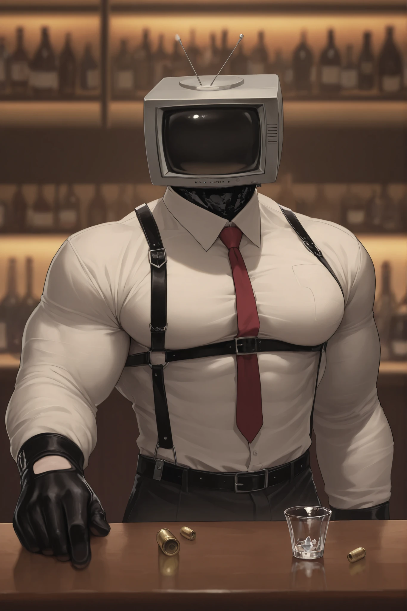 masterpiece, best quality, 8K resolution, HDR, 4K resolution, sharp focus, vibrant colors, anime cel-shading style, 1 male anthropomorphic character (humanoid body), CRT television head, old TV set head, screen showing abstract blurred face outline with faint static, beige plastic casing, wearing crisp pure white button-up shirt, burgundy slim necktie loosely tied, multiple shirt buttons dramatically undone revealing defined muscular chest and abs, black tailored suit trousers held up by thin black leather suspenders/crossed back harness straps,chest contour, human arms, thin black belt barely visible under unfastened shirt hem, black leather half-finger gloves, leaning casually against polished dark wooden bar counter, one gloved hand resting on counter, other gloved hand holding white cloth polishing crystal wine glass, warm ambient lighting, intimate retro bar interior, blurry background of liquor shelves, shallow depth of field, solo focus