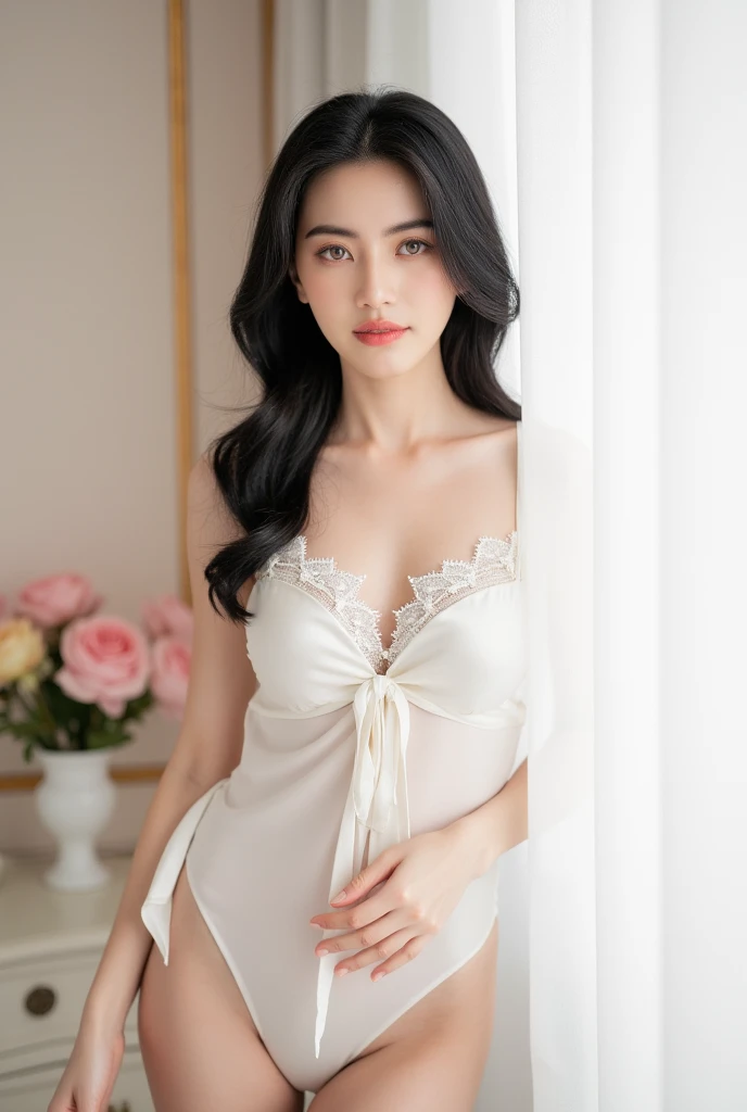 nice images,clear focus,perfect brown eyes,bright red lips,long hair,Home,Look head-on,full pose,wonderful faces..,It looks beautiful。,(((White lace sexy lingerie))),extra focus,Radiant face,facial details,8K resolution,