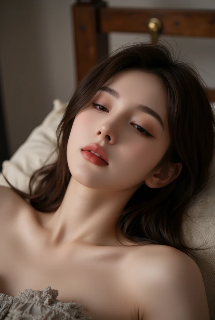 NSFW:1.5,(24 year old lover), (big breasts:1.3),((small areola)),lie on the bed,((naked: 1.3)), (maximum resolution: 1.4), (super high quality: 1.2), cinematic light, super high quality,My cheeks turned red:1.2、 (beautiful eyes and skin), (detailed facial features), 8K resolution, perfect style, beautiful expression、Highly detailed face and skin texture、detailed eye、double eyelid、glitter eyeliner:1.2、shiny skin、pure white skin:1.8、white skin:1.8、red rouge、dark lipstick:1.2、shiny small earrings、wet lips:1.2,glossy lips:1.2、((full body shot:1.2))、(straight hairstyles、light brown hair)、(facing the front:1.2),long hair,frown:1.2,((close your eyes)),From above