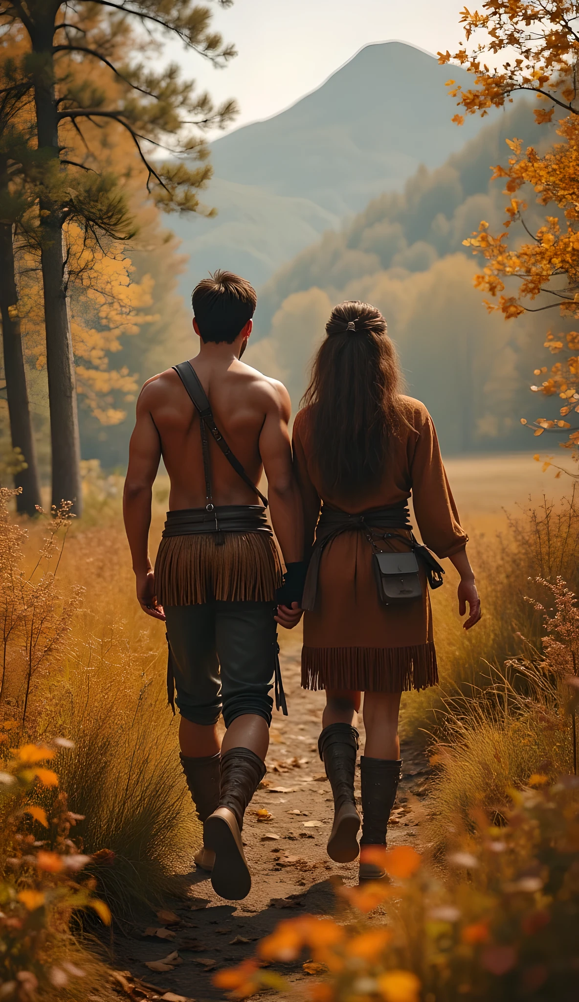 Safe Image Work, 

(Realistic ultra intricately natural landscape),during jurrasic era,a primitive tribe husband and wife walking together, they are wearing primitive leather clothing, autumn forest on the scenery,,(perfectly shapelfull fit body|cinematic dynamically camera angle scenery:accurately depicted:1.3),they are wandering on the primitive nature scenery,realistically full depth,(cinematography dynamic angle|hyperrealistic:realistic scenery:3d texture over the scenery),the volumetric midday scenery,autumn,(cinematography vibe),(dynamic image composition),(octane 3d rendering|50mm lens shot:1.3),(ultra realistic texture),(best photography composition),(best image aperture),(full details depth of field),(best shutter speed),(RAW photo image),(photorealistic|photorealism:hyperrealism style),(realistic depth 3d:cgi:1.3),(trending on cgsociety:devianart:unreal engine 5),(best photography:national Geographic style),stonepunk artwork, digital art,best lighting concept,realistic fixed human anatomy body and hands anatomy, inspired by farcry5 game artwork. 