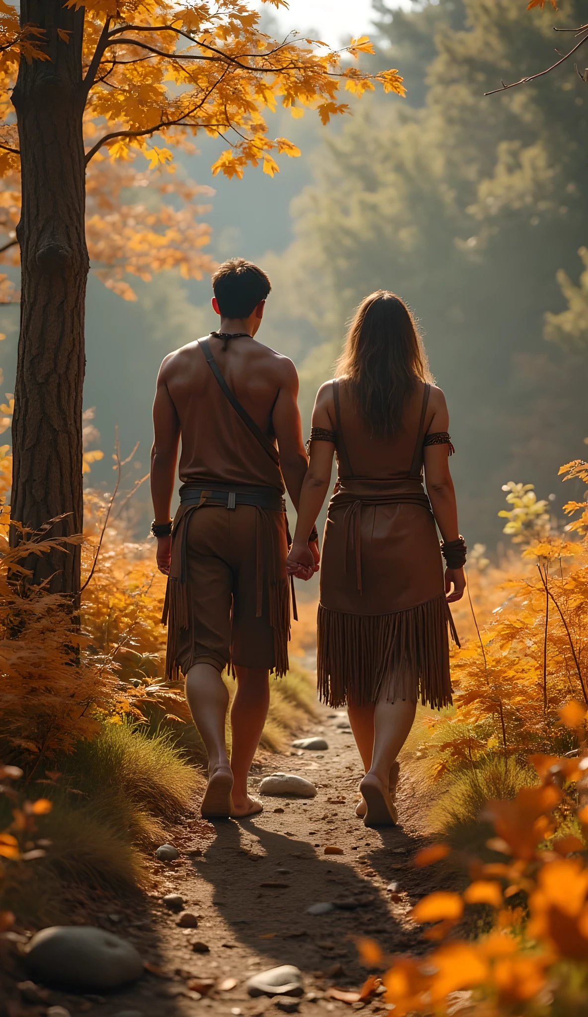 Safe Image Work, 

(Realistic ultra intricately natural landscape),during jurrasic era,a primitive tribe husband and wife walking together, they are wearing primitive leather clothing, autumn forest on the scenery,,(perfectly shapelfull fit body|cinematic dynamically camera angle scenery:accurately depicted:1.3),they are wandering on the primitive nature scenery,realistically full depth,(cinematography dynamic angle|hyperrealistic:realistic scenery:3d texture over the scenery),the volumetric midday scenery,autumn,(cinematography vibe),(dynamic image composition),(octane 3d rendering|50mm lens shot:1.3),(ultra realistic texture),(best photography composition),(best image aperture),(full details depth of field),(best shutter speed),(RAW photo image),(photorealistic|photorealism:hyperrealism style),(realistic depth 3d:cgi:1.3),(trending on cgsociety:devianart:unreal engine 5),(best photography:national Geographic style),stonepunk artwork, digital art,best lighting concept,realistic fixed human anatomy body and hands anatomy, inspired by farcry5 game artwork. 