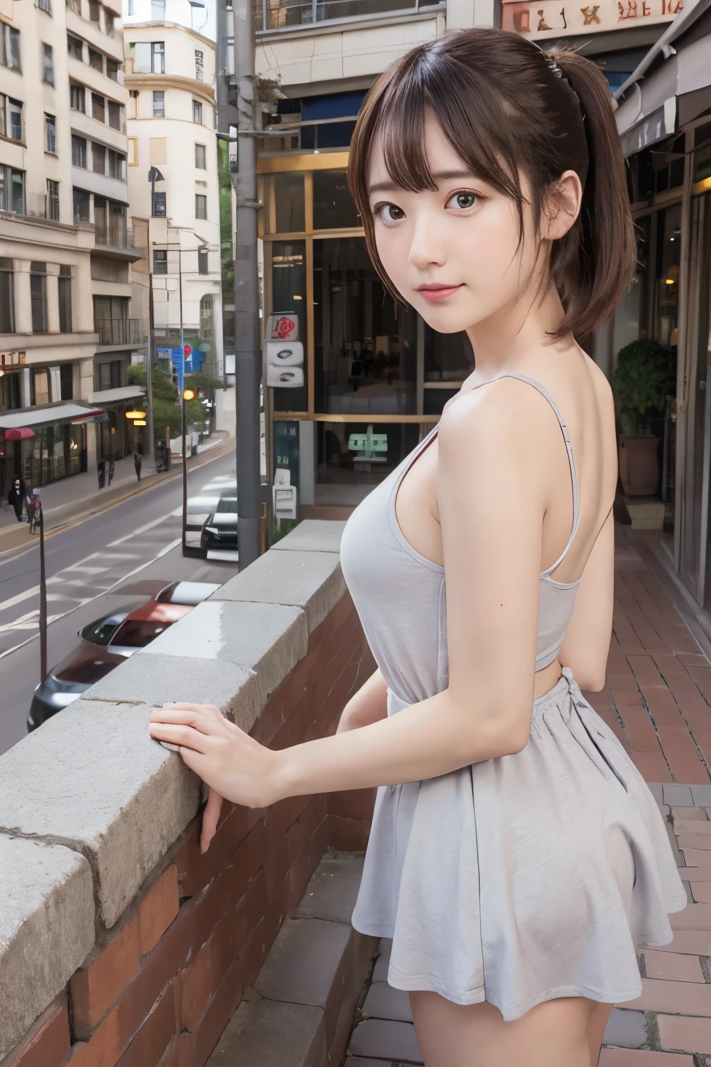 8k, raw photo, best quality, hires, realistic, photorealistic, extremely detailed 8k wallpaper, beautifully detailed eyes, finely detailed face,
 BREAK 
cinematic lighting, bokeh,
 BREAK 
perfectly anatomically correct:1.0,
5 beautiful thin fingers:0.8,
 BREAK 
a broad brick building stretches across a spacious open-plaza under an overcast sky,
The architecture features a series of arching windows embedded within deep red-brown bricks, creating a historical and slightly industrial aesthetic,
The building's large and symmetrical design is accentuated by gable roofs with prominent triangular facades,
Small metal spires jut from the roof, adding a touch of elegance to the sturdy structure,
Along the building's base, several recessed doorways provide shelter and a notable awning hangs above each entrance,
People of varying ages dressed casually sit along the steps at the building's base, engaging in conversations or gazing around,
Some individuals walk leisurely across the wide and light-gray plaza which appears worn and textured indicating high foot traffic,
In the distance the top of a large cruise ship is visible hinting at a nearby harbor while green patches peek from beyond the plaza suggesting a blend of urban and natural surroundings,
The atmosphere feels relaxed yet bustling with a hint of historical significance,
 BREAK 
1 female, touching on the red brick wall:1.0,
kawaii like a fairy:1.0, cute natural anime face:0.8,
chubby cheeks:0.2,
low ponytail,
symmetrical clear eyes, chocolate color eyes with sparkling highlights,
symmetrical face line, stereoscopic projection of baby face,
gentle narrow eyes, double eyelids, [subtle eye bags, tareme, wide-set eyes],
small round face, rounded jaw, [chiseled face, heavy lips, blush, embarrassed],
sleeveless grey short dress,
looking back viewer, bewitching smile with opening mouth,
thick thighs:1.0,
high-teen:0.2,
 BREAK 
diagonal composition,
dynamic back shot:1.0, from below:1.0,
soft contrast, soft saturation,