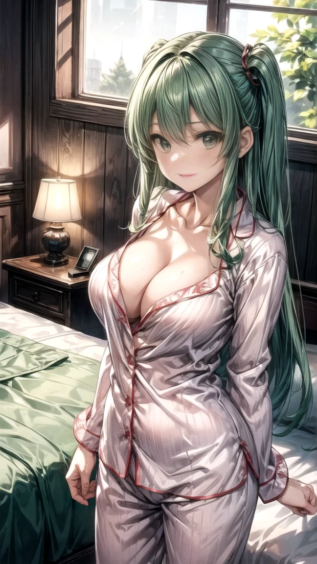 MAKI ZENIN FROM JUJUTSU KAISEN, Sitting in bed,random pose, beautiful body, beautiful face,Large breasts:86cm,G cup breasts,Anime art,Red pajamas, masterpiece,Best quality detailed,green hair long,glasses,green eyes