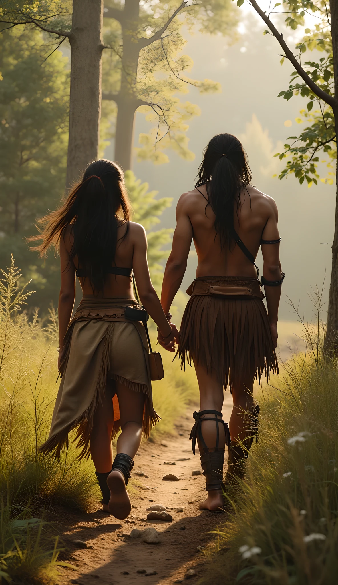 Safe Image Work, 

(Realistic ultra intricately natural landscape),during jurrasic era,a primitive tribe husband and wife walking together, they are wearing primitive leather clothing, spring forest on the scenery,,(perfectly shapelfull fit body|cinematic dynamically camera angle scenery:accurately depicted:1.3),they are wandering on the primitive nature scenery,realistically full depth,(cinematography dynamic angle|hyperrealistic:realistic scenery:3d texture over the scenery),the volumetric midday scenery,spring season,(cinematography vibe),(dynamic image composition),(octane 3d rendering|50mm lens shot:1.3),(ultra realistic texture),(best photography composition),(best image aperture),(full details depth of field),(best shutter speed),(RAW photo image),(photorealistic|photorealism:hyperrealism style),(realistic depth 3d:cgi:1.3),(trending on cgsociety:devianart:unreal engine 5),(best photography:national Geographic style),stonepunk artwork, digital art,best lighting concept,realistic fixed human anatomy body and hands anatomy, inspired by farcry5 game artwork. 