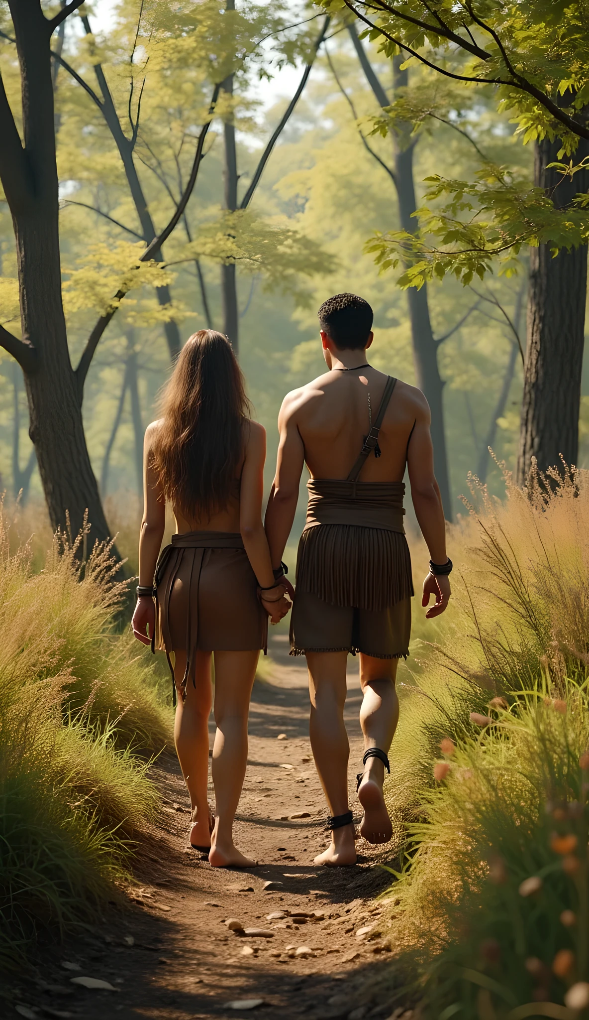 Safe Image Work, 

(Realistic ultra intricately natural landscape),during jurrasic era,a primitive tribe husband and wife walking together, they are wearing primitive leather clothing, spring forest on the scenery,,(perfectly shapelfull fit body|cinematic dynamically camera angle scenery:accurately depicted:1.3),they are wandering on the primitive nature scenery,realistically full depth,(cinematography dynamic angle|hyperrealistic:realistic scenery:3d texture over the scenery),the volumetric midday scenery,spring season,(cinematography vibe),(dynamic image composition),(octane 3d rendering|50mm lens shot:1.3),(ultra realistic texture),(best photography composition),(best image aperture),(full details depth of field),(best shutter speed),(RAW photo image),(photorealistic|photorealism:hyperrealism style),(realistic depth 3d:cgi:1.3),(trending on cgsociety:devianart:unreal engine 5),(best photography:national Geographic style),stonepunk artwork, digital art,best lighting concept,realistic fixed human anatomy body and hands anatomy, inspired by farcry5 game artwork. 