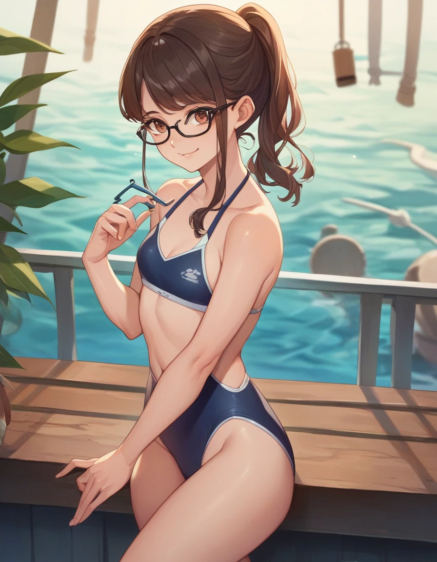 ((masutepiece)), ((Best Quality)), (Ultra-detailed), ((kawaii)), Cute, (lovely), ((Sexy)), (Ero), ((Extremely detailed)), 4K, (8K), Best Quality, (Beautiful), Anime style, Upper body, look down from above, Focus on the face, full body focus, Pool, Beautiful sky, Daytime, Summer, Cute little girl s, 1girl in, Solo, white bikini of, Beautiful dark brown hair, Beautiful purple eyes, ((Beautiful eyes)), White-skinned, Ponytail, Transparent hair, translucent hair, large full breasts, Glasses, Necklace, lightsmile, Lens Flare, Wind-effect, reflection effect