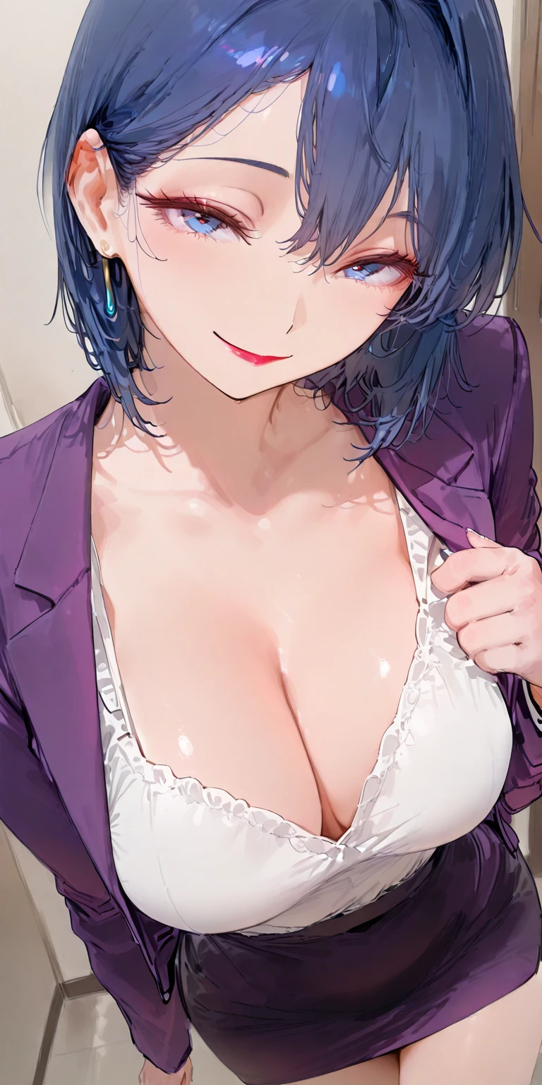 mature female, mature, Adult, himeno, himeno(Chainsaw Man), 1girl, black hair, short hair, eyepatch, Himeno(Chainsaw Man), solo, seductive smile, evil grin, aroused, in heat, nsfw, steam, breath, sweat, drooling, Villains, Open coat, latex purple leotard under the trench coat, Light green pantyhose, chest, View your audience, Night town, City, skyscraper, Night, Dark, masterpiece, Top animation quality,Top image quality,