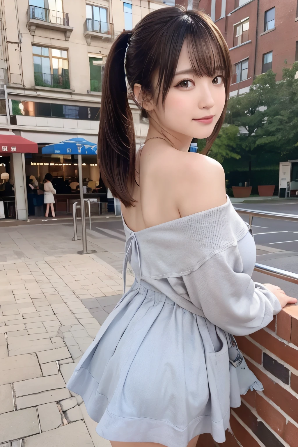 8k, raw photo, best quality, hires, realistic, photorealistic, extremely detailed 8k wallpaper, beautifully detailed eyes, finely detailed face,
 BREAK 
cinematic lighting, bokeh,
 BREAK 
perfectly anatomically correct:1.0,
5 beautiful thin fingers:0.8,
 BREAK 
a broad brick building stretches across a spacious open-plaza under an overcast sky,
the architecture features a series of arching windows embedded within deep red-brown bricks, creating a historical and slightly industrial aesthetic,
the building's large and symmetrical design is accentuated by gable roofs with prominent triangular facades,
small metal spires jut from the roof is adding a touch of elegance to the sturdy structure,
along the building's base several recessed doorways provide shelter and a notable awning hangs above each entrance:0.6,
people of varying ages dressed casually sit along the steps at the building's base, engaging in conversations or gazing around:0.4,
some individuals walk leisurely across the wide and light-gray plaza which appears worn and textured indicating high foot traffic,
in the distance the top of a large cruise ship is visible hinting at a nearby harbor while green patches peek from beyond the plaza suggesting a blend of urban and natural surroundings:1.2,
the atmosphere feels relaxed yet bustling with a hint of historical significance:0.8,
 BREAK 
1 female, touching on the red brick wall:1.0,
kawaii like a fairy:1.0, cute natural anime face:0.8,
chubby cheeks:0.2,
low ponytail,
symmetrical clear eyes, chocolate color eyes with sparkling highlights,
symmetrical face line, stereoscopic projection of baby face,
gentle narrow eyes, double eyelids, [subtle eye bags, tareme, wide-set eyes],
small round face, rounded jaw, [chiseled face, heavy lips, blush, embarrassed],
off-shoulder grey short dress,
looking back viewer, bewitching smile with opening mouth,
thick thighs:1.0,
high-teen:0.2,
 BREAK 
diagonal composition,
dynamic back shot:1.0, from below:1.0,