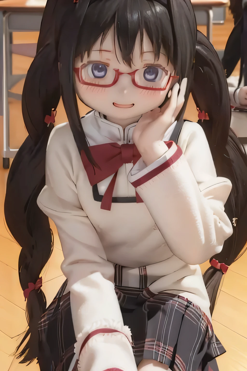 ( High quality wavy lines, beautiful , masterpiece:1.2), ,{X} Perfect Face Pose , (( Akemi Homura's Hairstyle Sitting on a Chair)), shut up, smile, Intense , Black Haired Female Magical Girl, , ,, (((((School Uniform))))),, , Open Lips ((( red rimmed glasses )))full body、 feet Classroom