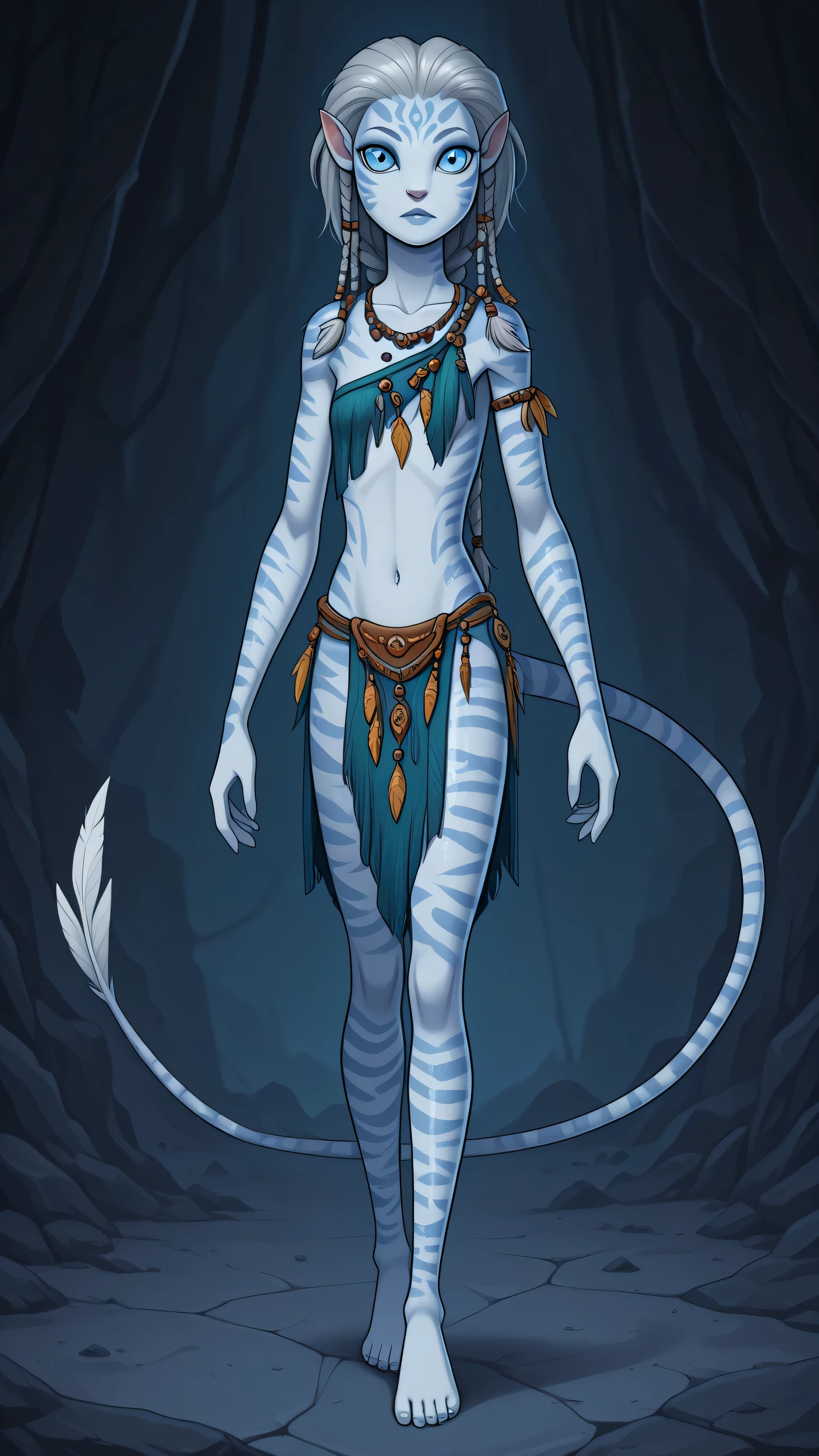 A stunning alien woman. She has luminous pure white skin with a soft bioluminescent glow along her cheekbones and collarbones, long flowing silver hair with braids, spots patterns on body and large opalescent blue eyes with vertical pupils. She has a slender & very tall body with elongated neck and a tail, triple small breasts. she wears an tribal short outfit made of feathers and beads. 8K ultra HD, high quality, 2D cartoon style, incognitymous art style, full body, three breasts, tribreasts, threeboob, bold black outlines