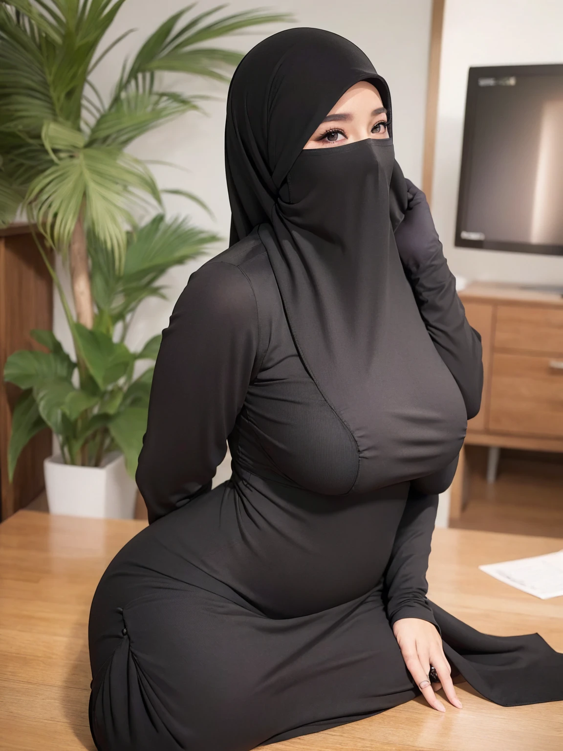 4K, high quality, nice lighting, soft lighting, realistic, dark eyes, sexy, big breasts, thick thighs, wide hips, muscular, malaysian black dress, long sleeve, Jewelry, sexy lady, asian, hijab, niqab, sexy pose, showing big thighs, nice body, natural largest breast, WEARING WEDDING RINGS