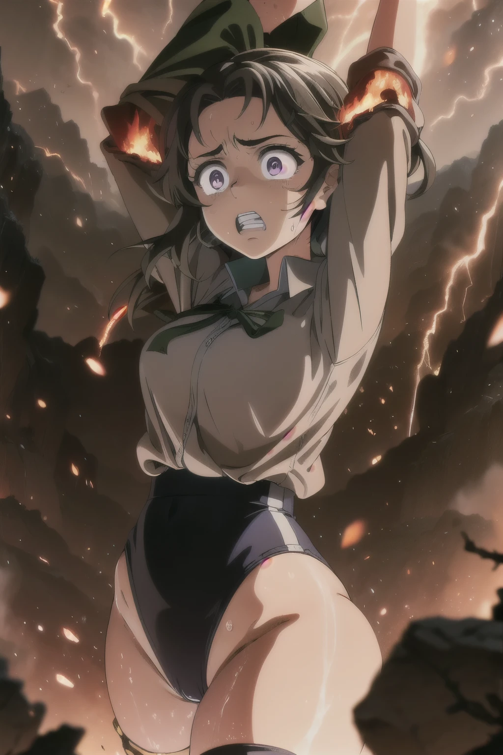 masterpiece,best quality,highly detailed,1girl,solo,scared,raised eyebrows,constricted pupils,surprised,clenched teeth,sweat,sweatdrop,purple eyes,black hair,long hair,lycoris uniform,green ribbon,long sleeves,black gymnastics bloomers,high leg,self wedgie,collared shirt,kneehighs,
BREAK
(((hanging from branch in high position, arms up))),hanging from branch,holding branch,grabbing branch,close-up,outdoors,foreshortening,perspective,from above,scenery,(((fire,lave, fire storm,))),