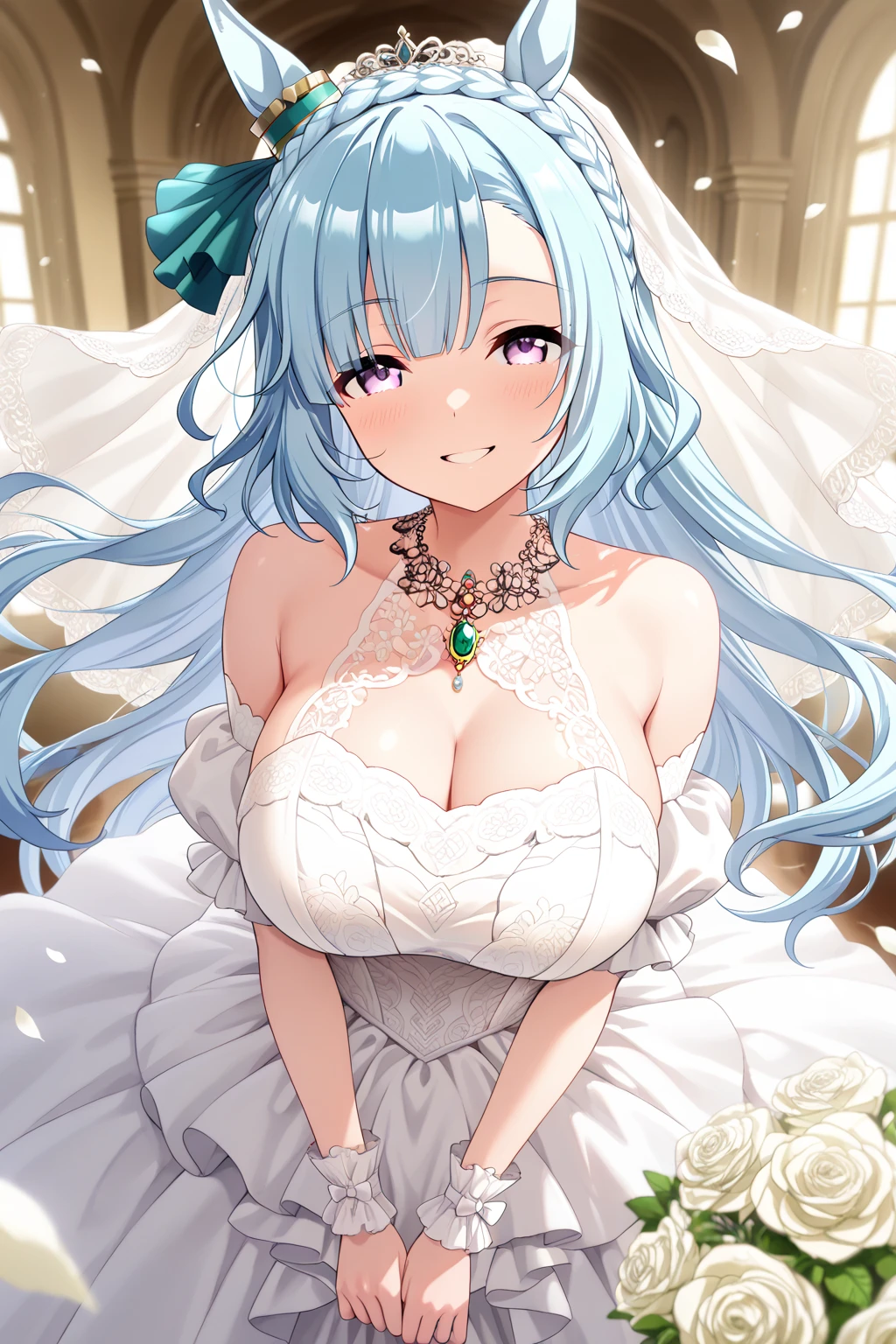 1girl,  head, face, portrait, eyes, long hair,  large breasts, upper body, thighs, solo, waist, outdoors, white silk halter dress,   goddess. princess, tiara, absurdres, masterpiece, best quality, by rikiddo
