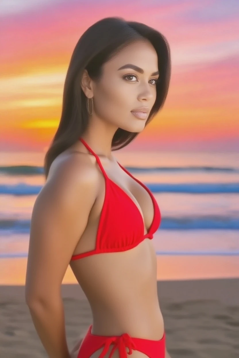 A girl which is teen , Indian teen girl with short hair and wear bikini of red colour , she are cute and pretty and she is in a beach 
