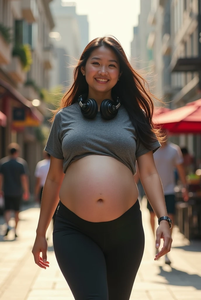 very very big pregnant midriff asian beautiful woman,belly button, city,croptop and jeans,walking