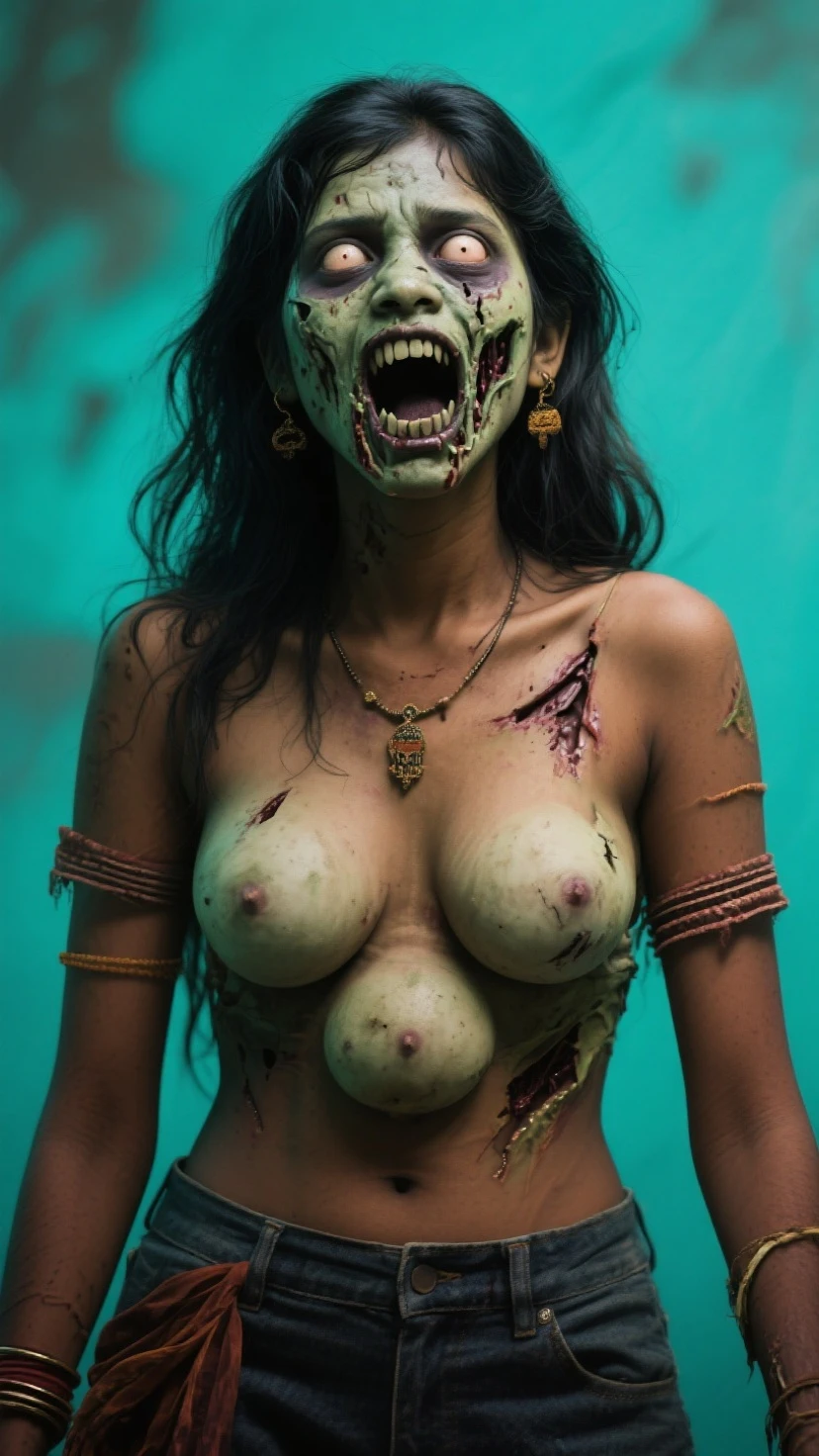 A very beautiful naked Indonesian girl with very hairy armpits and sixpack abs crying and get bleeding when her skewered