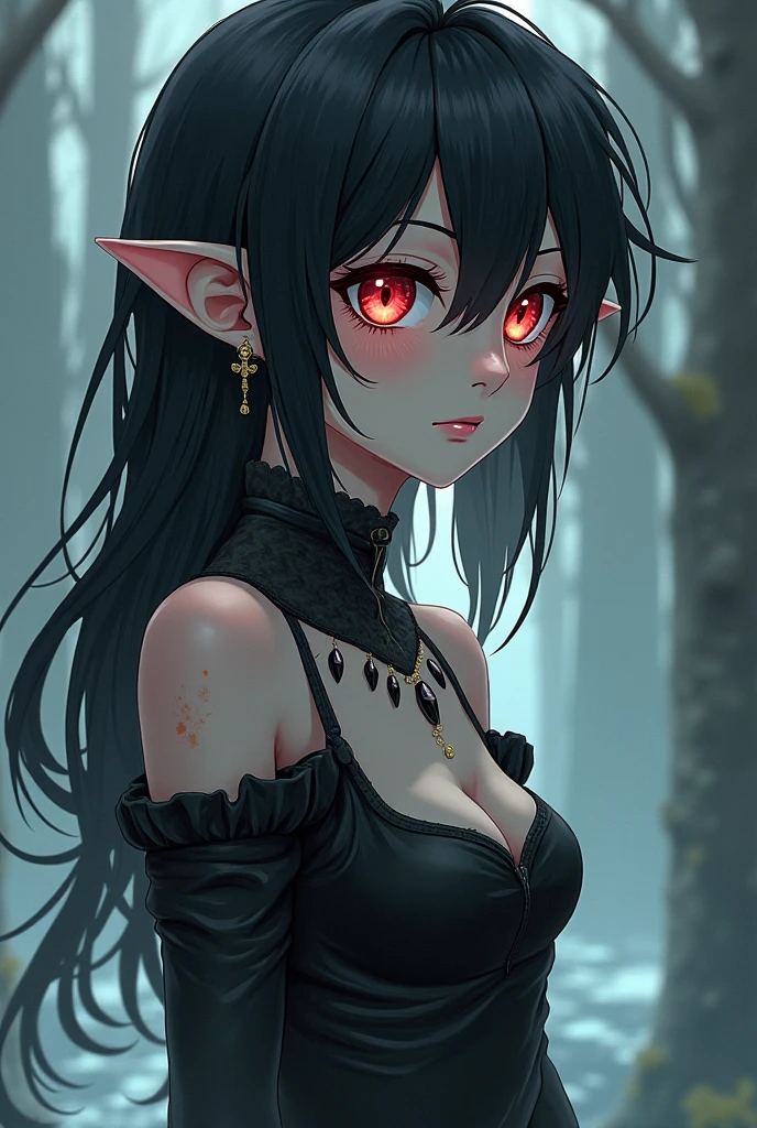 Create an illustration based on the following info: A young women standing in the middle of clearing surrounded by tall trees, (black hair:1.5), long hair, wavy hair, face framing hair, beautiful eyes, glowing red crimson eyes, pink lips, expresionless, impassive, d-cup breasts, slender arms, dainty clawed fists, slender thighs, dainty feets, gothic dress, (black dress:1.5), black choker, lace choker, (black sleeves:1.5), detached sleeves, (black skirt:1.5), high-low skirt, layered skirt, lace trim, night, full moon, bright moonlight, cinematic lighting, green leaves, close up, looking at viewer, dark atmosphere, Add clothes detail, blood on face, (blood on face:1.5), elf ears, black energy, black smoke, (black smoke:1.5)