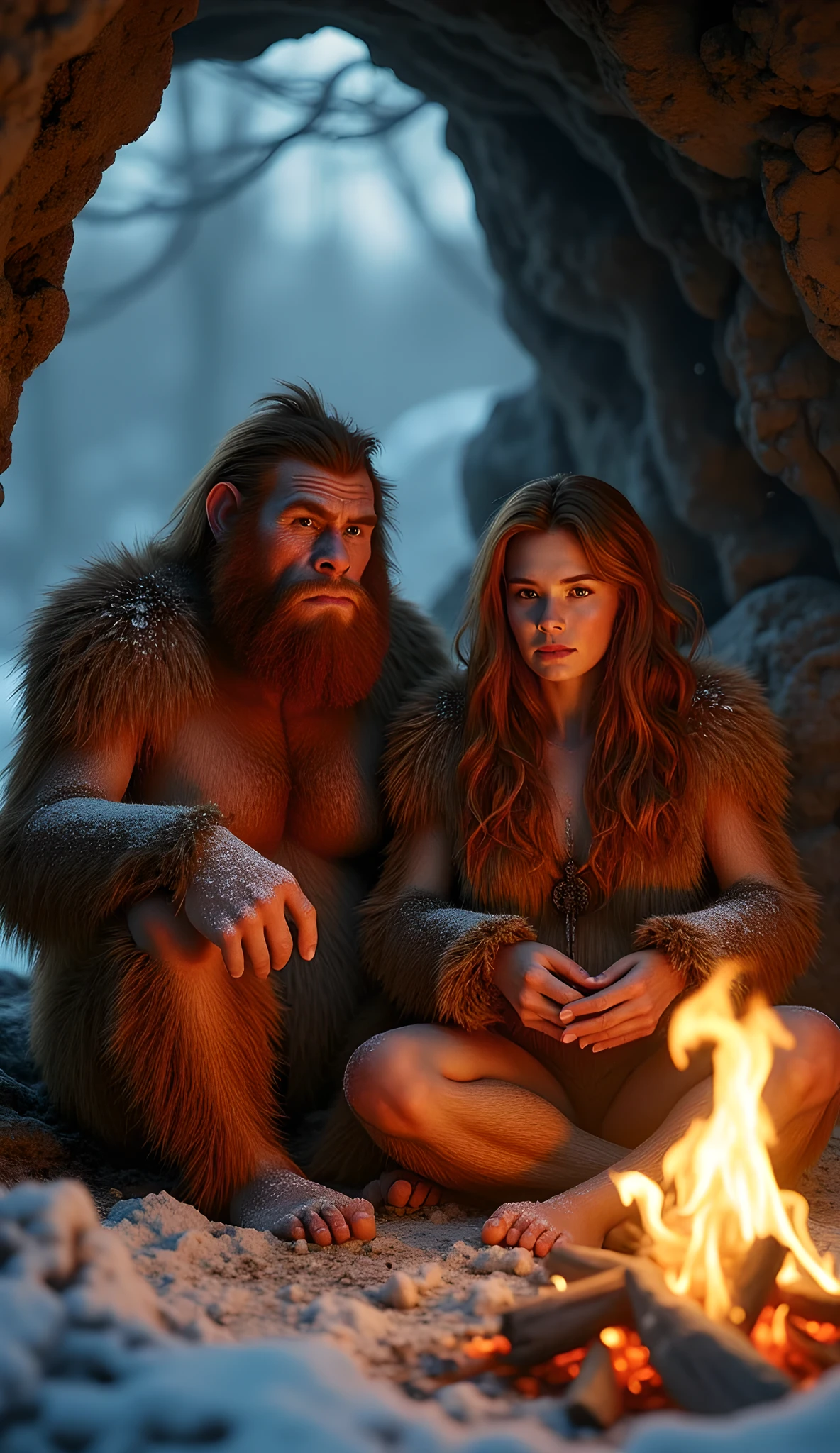 Safe Image Work, 

(Realistic ultra intricately natural landscape),during primitive era,the primitive humanely Neanderthals, the husband and wife hairy gingers sitting together, they are wearing simple primitive fur clothing, cold winter on the scenery,,(perfectly shapelfull bulky body|cinematic dynamically camera angle scenery:accurately depicted:1.3),the Neanderthals sitting on the cave scenery, heating by bon fire, realistically full depth,(cinematography dynamic angle|hyperrealistic:realistic scenery:3d texture over the scenery),the volumetric night scenery,winter season,(cinematography vibe),(dynamic image composition),(octane 3d rendering|50mm lens shot:1.3),(ultra realistic texture),(best photography composition),(best image aperture),(full details depth of field),(best shutter speed),(RAW photo image),(photorealistic|photorealism:hyperrealism style),(realistic depth 3d:cgi:1.3),(trending on cgsociety:devianart:unreal engine 5),(best photography:national Geographic style),stonepunk artwork, digital art,best lighting concept,realistic fixed human anatomy body and hands anatomy, inspired by farcry5 game artwork. 