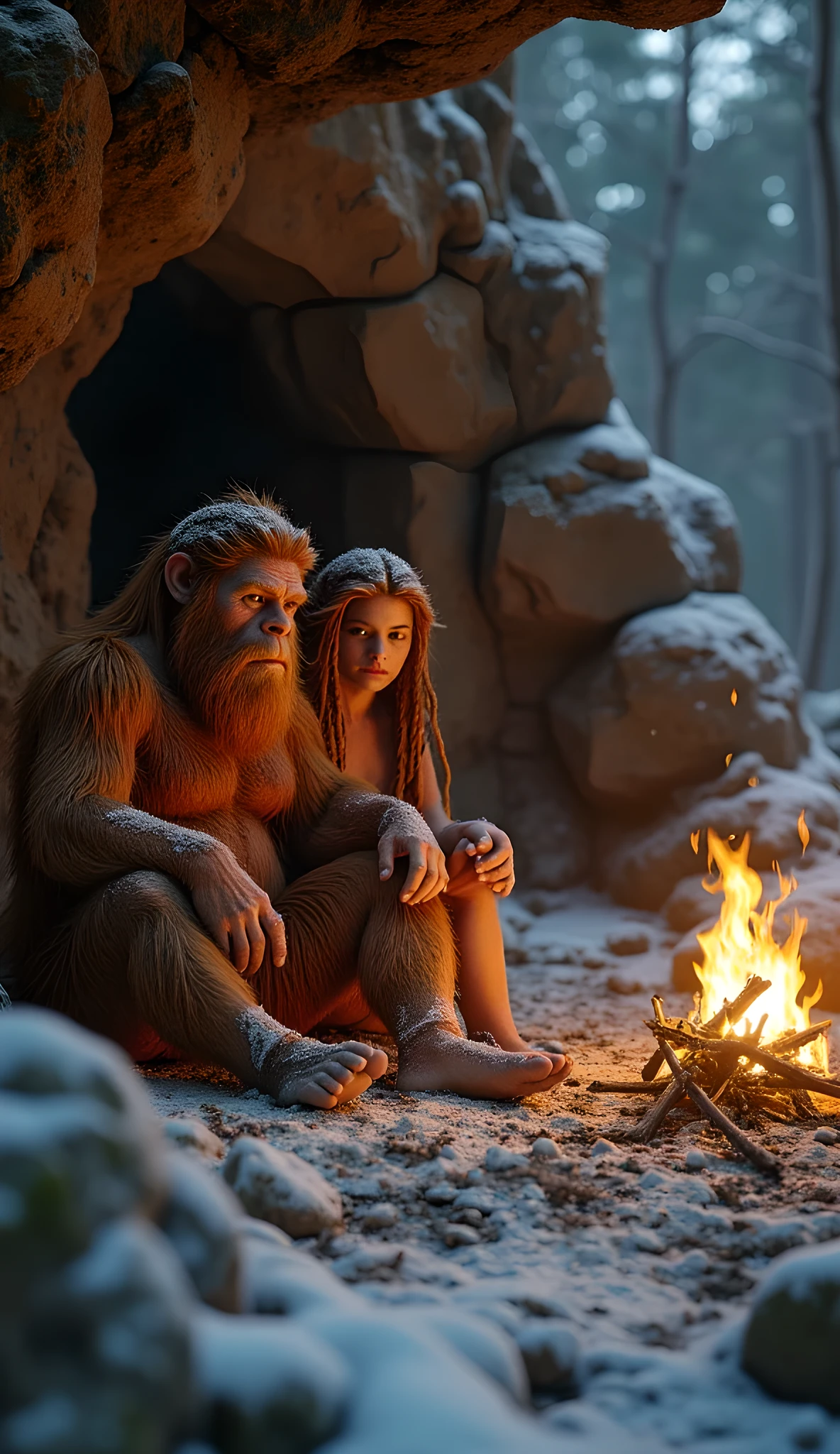Safe Image Work, 

(Realistic ultra intricately natural landscape),during primitive era,the primitive Neanderthals, the husband and wife hairy gingers sitting together, they are wearing simple primitive fur clothing, cold winter on the scenery,,(perfectly shapelfull fit body|cinematic dynamically camera angle scenery:accurately depicted:1.3),the Neanderthals sitting on the cave scenery, heating by bon fire, realistically full depth,(cinematography dynamic angle|hyperrealistic:realistic scenery:3d texture over the scenery),the volumetric night scenery,winter season,(cinematography vibe),(dynamic image composition),(octane 3d rendering|50mm lens shot:1.3),(ultra realistic texture),(best photography composition),(best image aperture),(full details depth of field),(best shutter speed),(RAW photo image),(photorealistic|photorealism:hyperrealism style),(realistic depth 3d:cgi:1.3),(trending on cgsociety:devianart:unreal engine 5),(best photography:national Geographic style),stonepunk artwork, digital art,best lighting concept,realistic fixed human anatomy body and hands anatomy, inspired by farcry5 game artwork. 