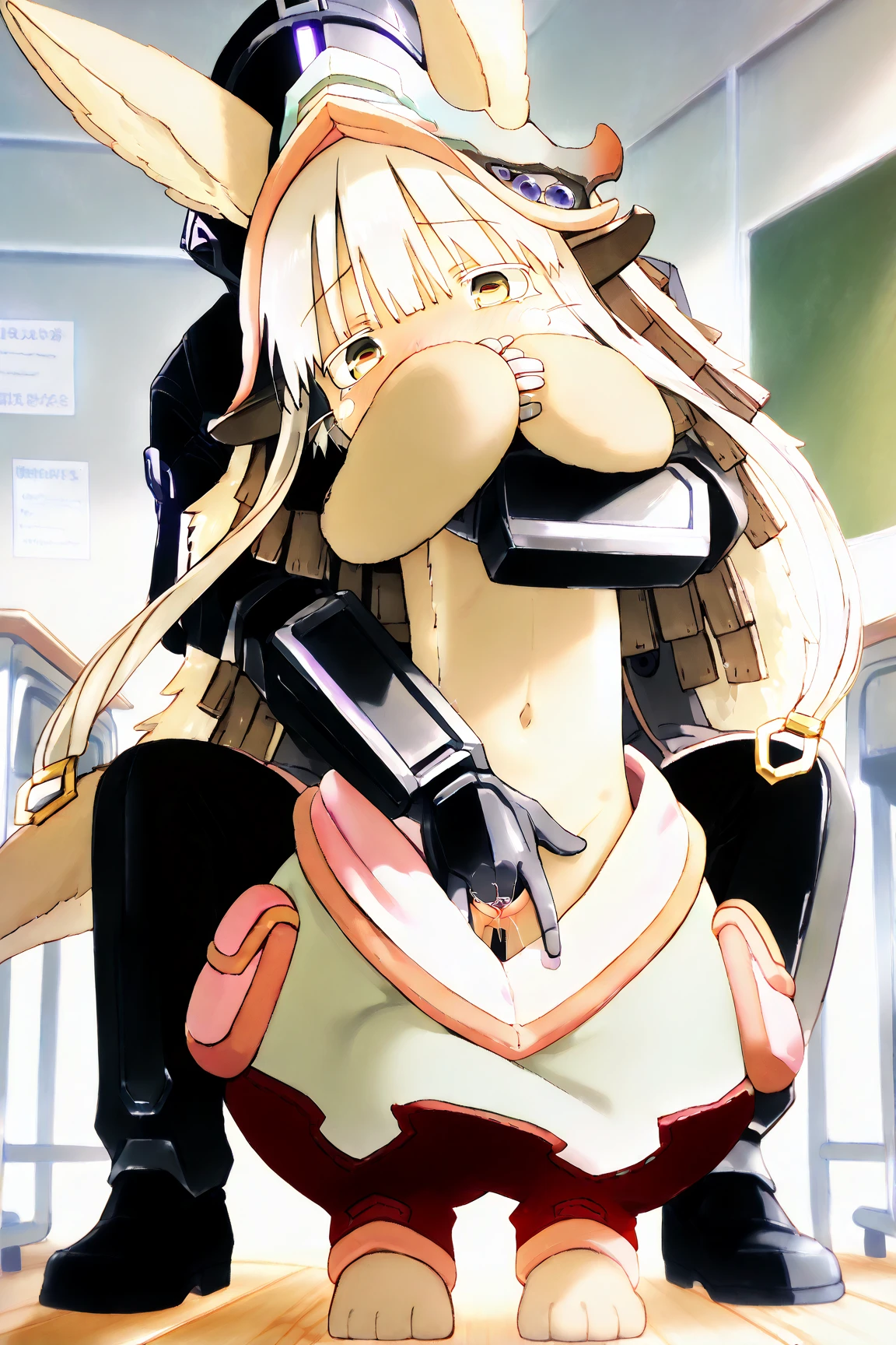 最high quality, 8k, High resolution, high quality, masterpiece, beautiful, (Anatomically correct:1.2), Face in perfect detail, 40s, A beautiful woman, Silky pale blonde, Braided Hair, Bangs that expose the forehead, gleaming skin, Light blue eyes, , Attractive person,  Elf, Soft, swaying huge breasts, Short stature and thin build, disgust, (NUDE), Stone prison, (steam), heavy breathing, (restrained, shackles, handcuffs, collar, blindfold, chain), lying vaginal sex, (liyng), from above, open mouth, bukkake,