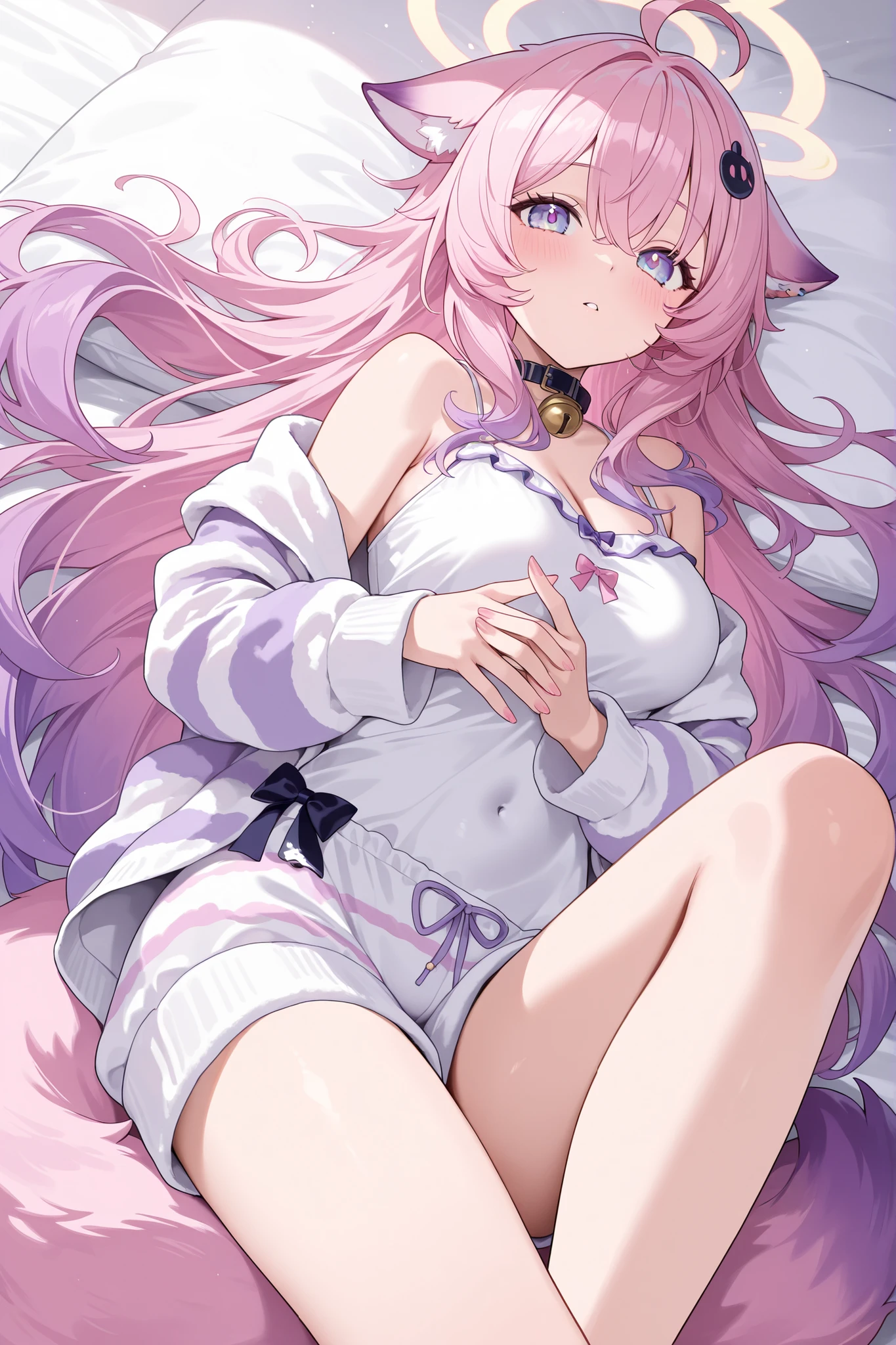 Dollop is a girl cat with fluffy purple fur. She has pink paws, tail, cheeks, and on the inner ears, a white face, and visible whiskers. SPARKLE; GLITTER