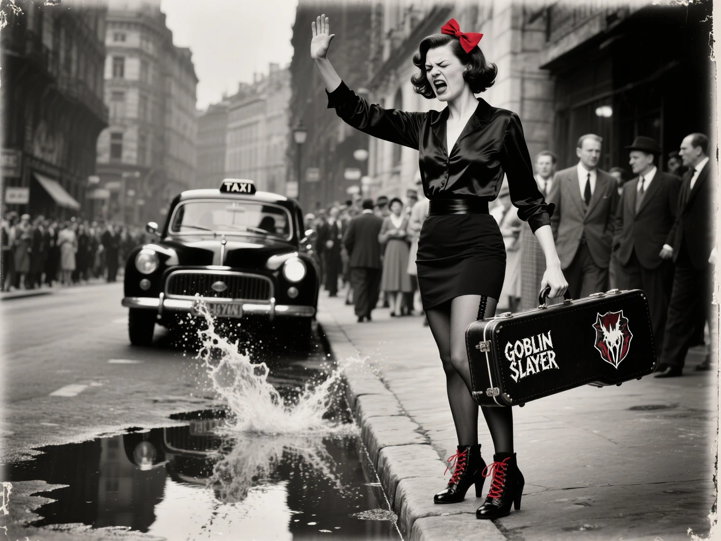 masterpiece, pale skin, red lips, light eyes, eyeshadow, front shot a beautiful red-haired woman with medium curly hair standing on the street holding a Thompson drum M1928A1, behind her a 1928 Cadillac Town Sedan left green, she wears a mafia suit with red and black colors, Skirt and jacket on her shoulders in mafia style, she also wears a hat, garter holder and heels, very detailed body, detailed car and clothes, chiaroscuro, natural daylight, highly detailed, her and the car focused on the image