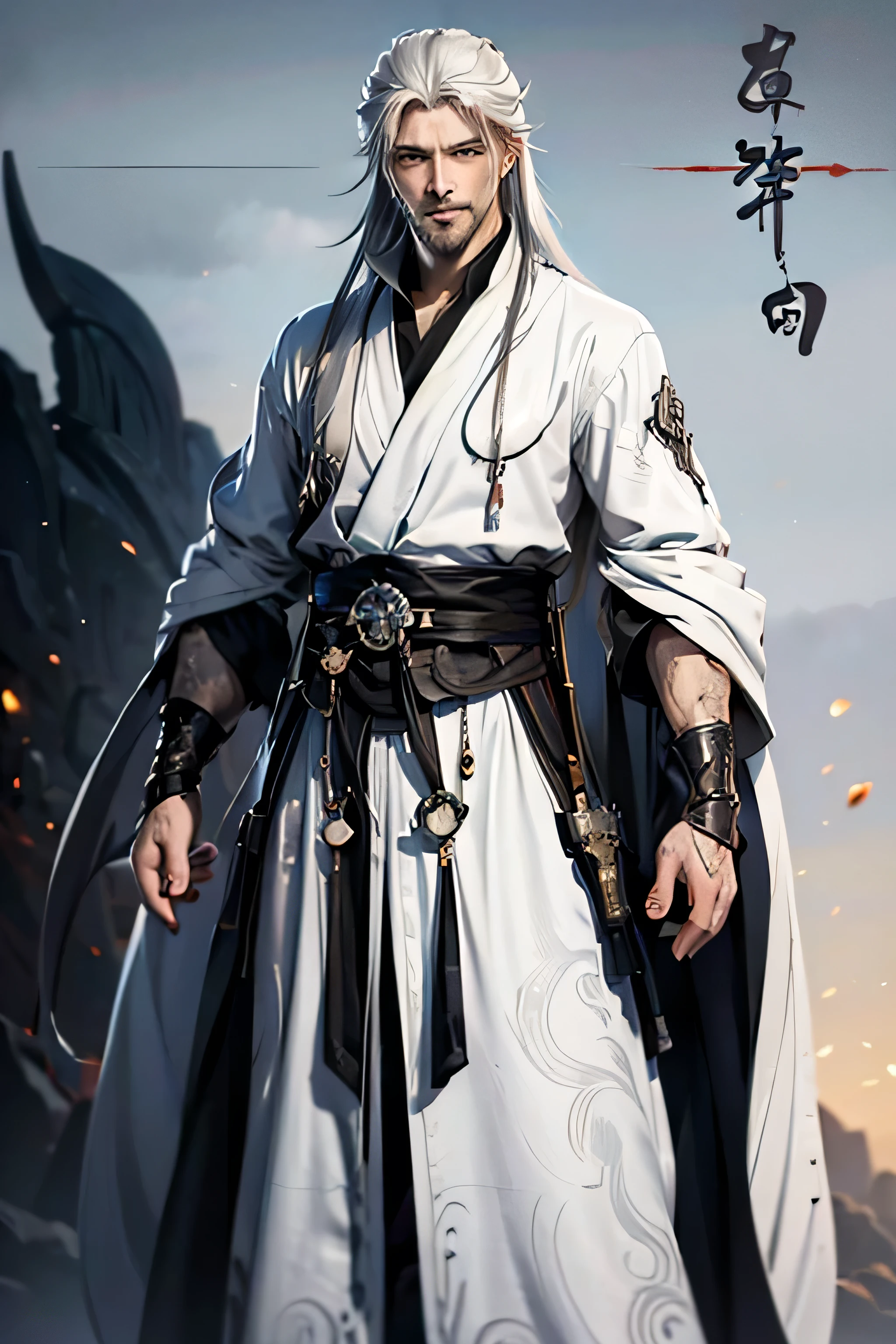 (((1 man 75 years old))), photorealistic, anime character with long white hair tied on the back, super long white beard, wrinkles on face, badass anime 8k, detailed digital anime art, human male demon, portrait of hades, fierce expression 4k, perfect eyes, demon male, extremely detailed artgerm, wearing white shirt and white robe, white pants, standing in battle mode