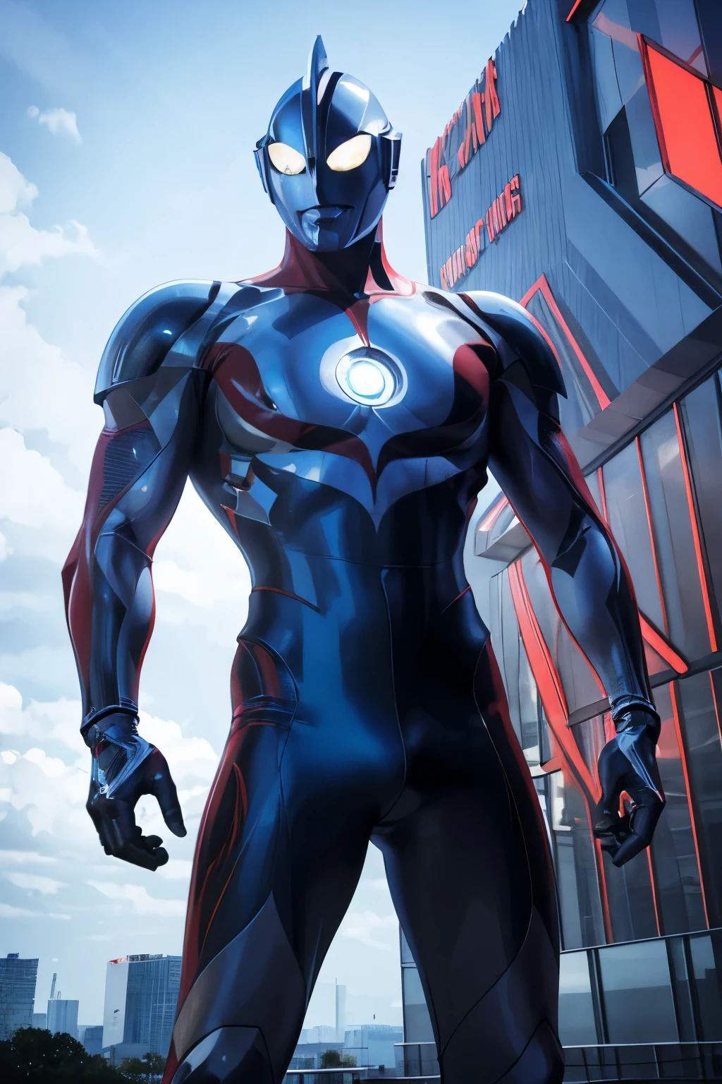 Ultraman, gigantic, futuristic Ultraman warrior, sleek cybernetic armor design, crystalline core in chest, metallic silver, red and neon blue color scheme, a pattern (red, blue and black) on the suit, dynamic wrestling pose, muscular humanoid form (Slim athletic build), glowing energy patterns, ultra modern sci-fi aesthetic, dramatic lighting, intricate panel details, in the middle of a boulevard, towering over skyscrapers, skyscrapers are no taller than his waist, 4k digital art, high detail rendering