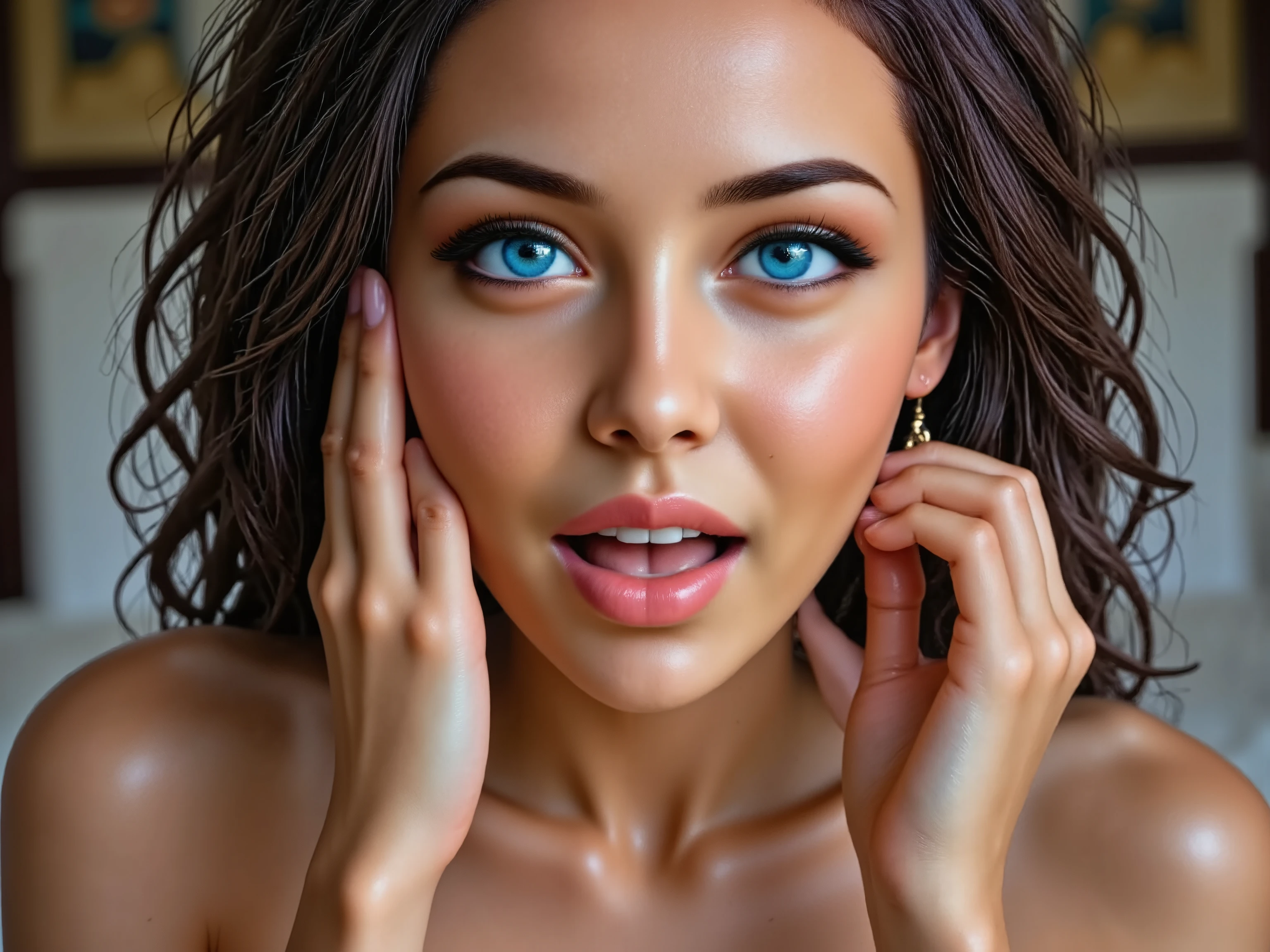 Graceful woman reclining, full breasts with erect nipples, arched back highlighting curves, wet parted lips, bedroom eyes, silky skin catching light, luxurious setting, passionate pose