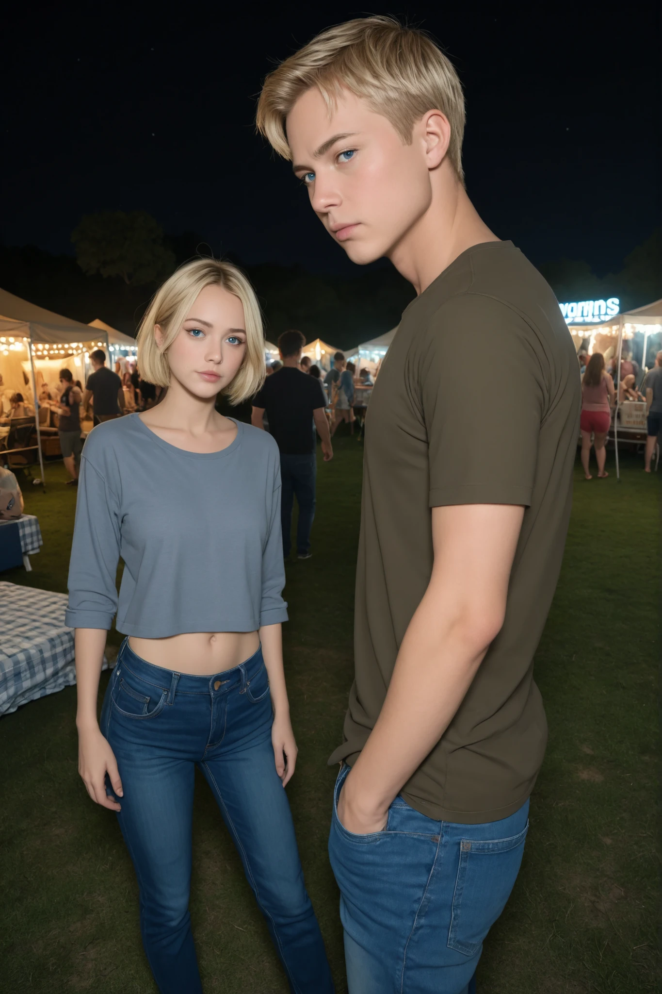High Quality、high image quality、masterpiece、one man、Blonde、short hair、blue eyes、Tees、jeans、standing、serious face、campgrounds、night、from above、Hollywood movie style
