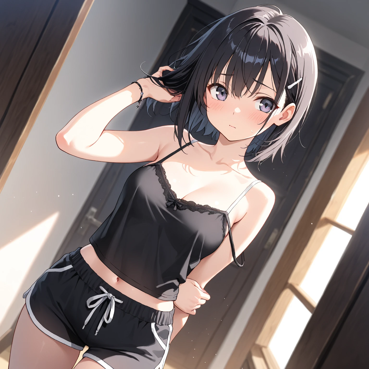 In underwear,Yukimi, 10 years old., Blunt bangs,Shortcuts,Black Hair,,Flat Chest, Expressionless, shy, whole body, Highest quality, School classroom、Angle from below、stand、Sports Bra,(Children's panties:1.4)、Embarrassing,Put your hands behind your back