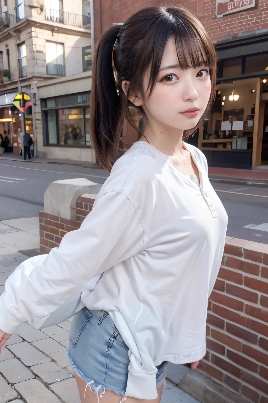 8k, raw photo, best quality, hires, realistic, photorealistic, extremely detailed 8k wallpaper, beautifully detailed eyes, finely detailed face,
 BREAK 
professional lighting, bokeh,
 BREAK 
perfectly anatomically correct:1.0,
5 beautiful thin fingers:0.6,
 BREAK 
a broad brick building stretches across a spacious open-plaza:0.8,
the architecture features a series of arching windows embedded within deep red-brown bricks and creats a historical and slightly industrial aesthetic:0.8,
the building's large and symmetrical design is accentuated by gable roofs with prominent triangular facades,
small metal spires jut from the roof is adding a touch of elegance to the sturdy structure,
along the building's base several recessed doorways provide shelter and a notable awning hangs above each entrance:0.6,
gazing around people of varying ages dressed casually sit along the steps at the building's base:0.4,
some individuals walk leisurely across the wide and light-gray plaza which appears worn and textured indicating high foot traffic:0.4,
the atmosphere feels relaxed yet bustling with a hint of historical significance:0.6,
 BREAK 
1 female, touching on the red brick wall:1.0,
kawaii like a fairy:1.0, cute natural anime face:0.8,
chubby cheeks:0.2,
low ponytail,
symmetrical clear eyes, chocolate color eyes with sparkling highlights,
symmetrical face line, stereoscopic projection of baby face,
gentle narrow eyes, double eyelids, [subtle eye bags, tareme, wide-set eyes],
small round face, rounded jaw, [chiseled face, heavy lips, blush, embarrassed],
sheer henley-neck oversized shirt + dolphin shorts,
looking back viewer, painful pleasure with opening mouth,
thick thighs:1.0,
deep gentle shadows of buttocks under curves:0.4, glistening on buttocks lower curves:0.4,
 BREAK 
diagonal composition,
dynamic back shot:1.0, from below:1.0,
soft contrast, soft saturation,