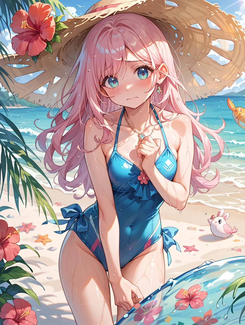 masterpiece, Highest quality, 1 person, Beautiful face in every detail, (Navy blue bikini swimsuit with floral pattern), (Flat Chest), (Small breasts), smile, Take off,Poolside Background, Long Hair, Pink Hair,Anime girl pink hair,Pink Eyes,Official character art,(((((whole body))))),uniform,standing,((((full body)))),toe,((simple background)),(green background),
