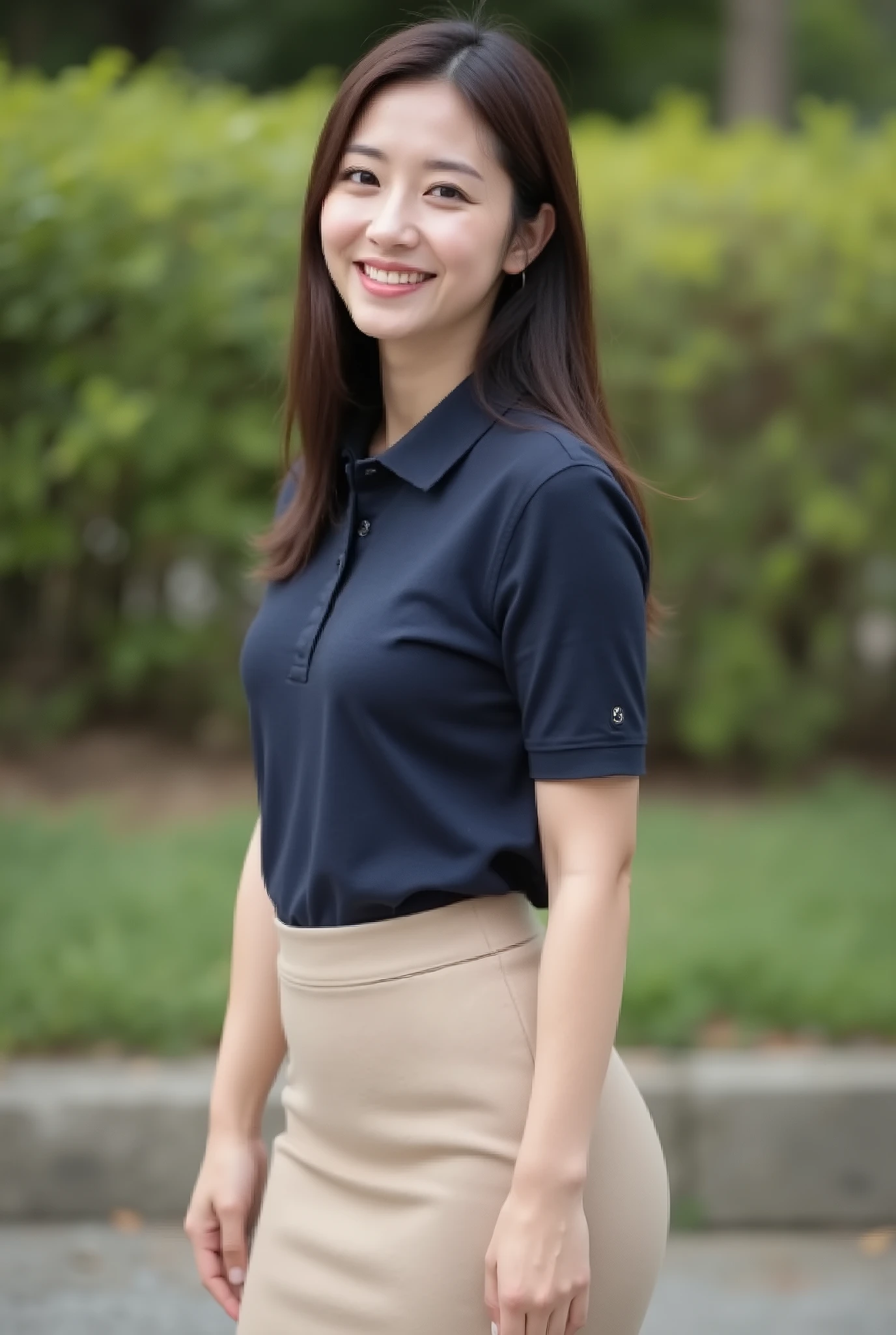 (masterpiece, photorealistic, natural shading:1.4)
(A very beautiful 30-year-old Japanese woman),
(A cute oval-shaped face:1.2),
(A gentle smile with slightly droopy eyes),
(Slender body, thin waist.:1.3),
(Straight, medium-length, dark brown hair),
( A beige straight skirt that reaches the knees:1.2),
(A dark navy blue polo shirt:1.4),
(Smiling with a calm expression, looking at the camer),
(A shot of her above the knees from the side in the shade of a bright park)