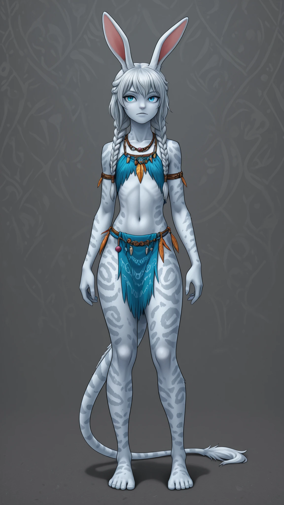 tall humanoid alien , mix of rabbit and Na’vi, long rabbit ears, long tail, slender pure white body, long flowing silver hair with braids, blue large eyes, tribal look, highly detailed, spots patterns on body. She has a elongated neck, curvy body, thick thighs and flat chest. she wears an tribal short outfit made of feathers and beads. 8K ultra HD, high quality, 2D cartoon style, incognitymous art style, full body, bold black outlines