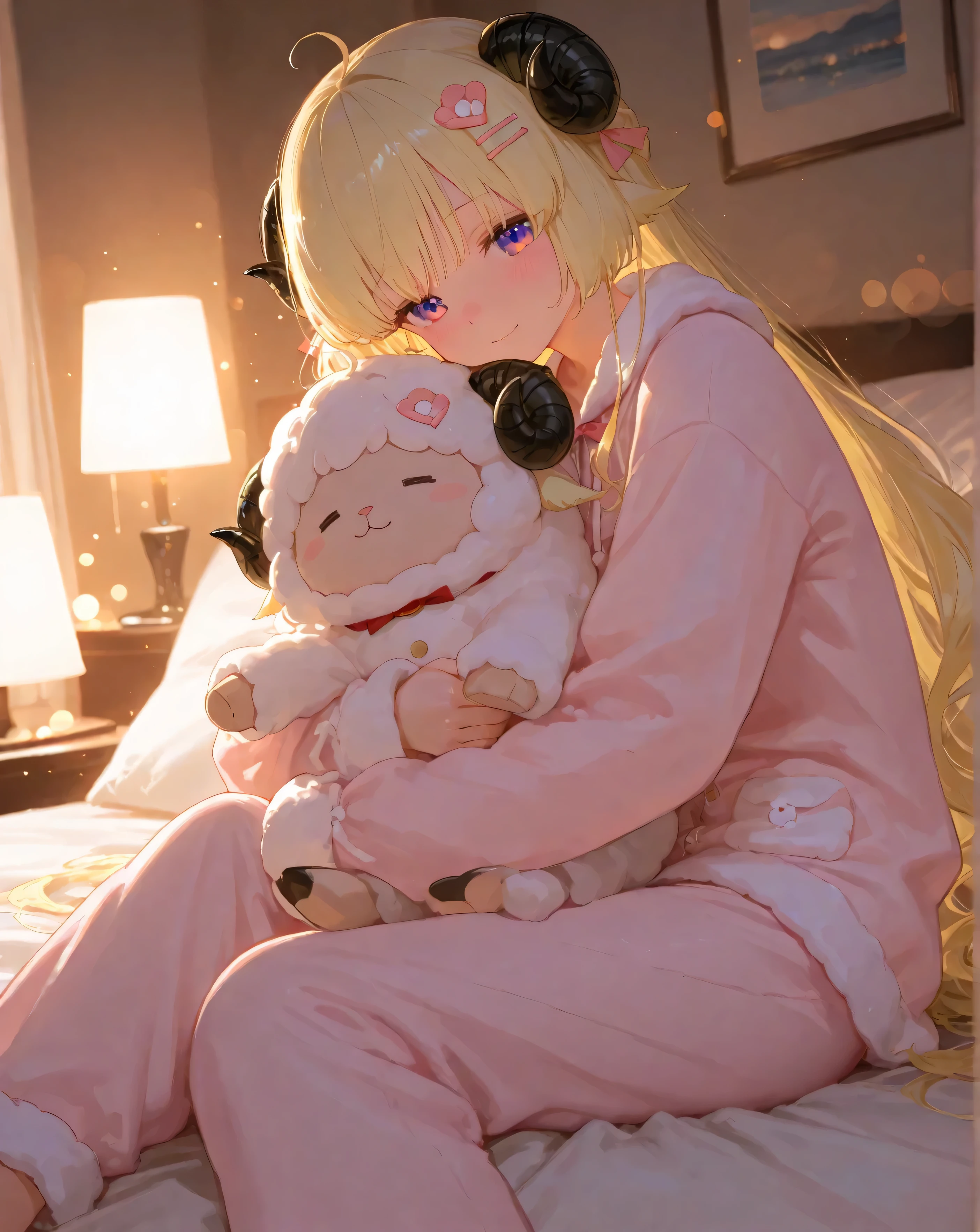 1girl, Tsunomaki Watame_(Hololive), High Quality, masterpiece, 4K, 8k, Hi-Res, Super Detailed, HDR, super high resolution, Studio Lighting, Ultra Fine Painting, extremely detailed explanation, Professional, bright colors, Bokeh, anime style,source anime ,shiny skin, cinematic, masterpiece, 最High Quality, Good quality, Newest, fluffy blonde hair, wearing cute sheep-themed pajamas, cozy bedroom, soft lighting, relaxed pose, holding a plush toy, pastel colors, warm atmosphere