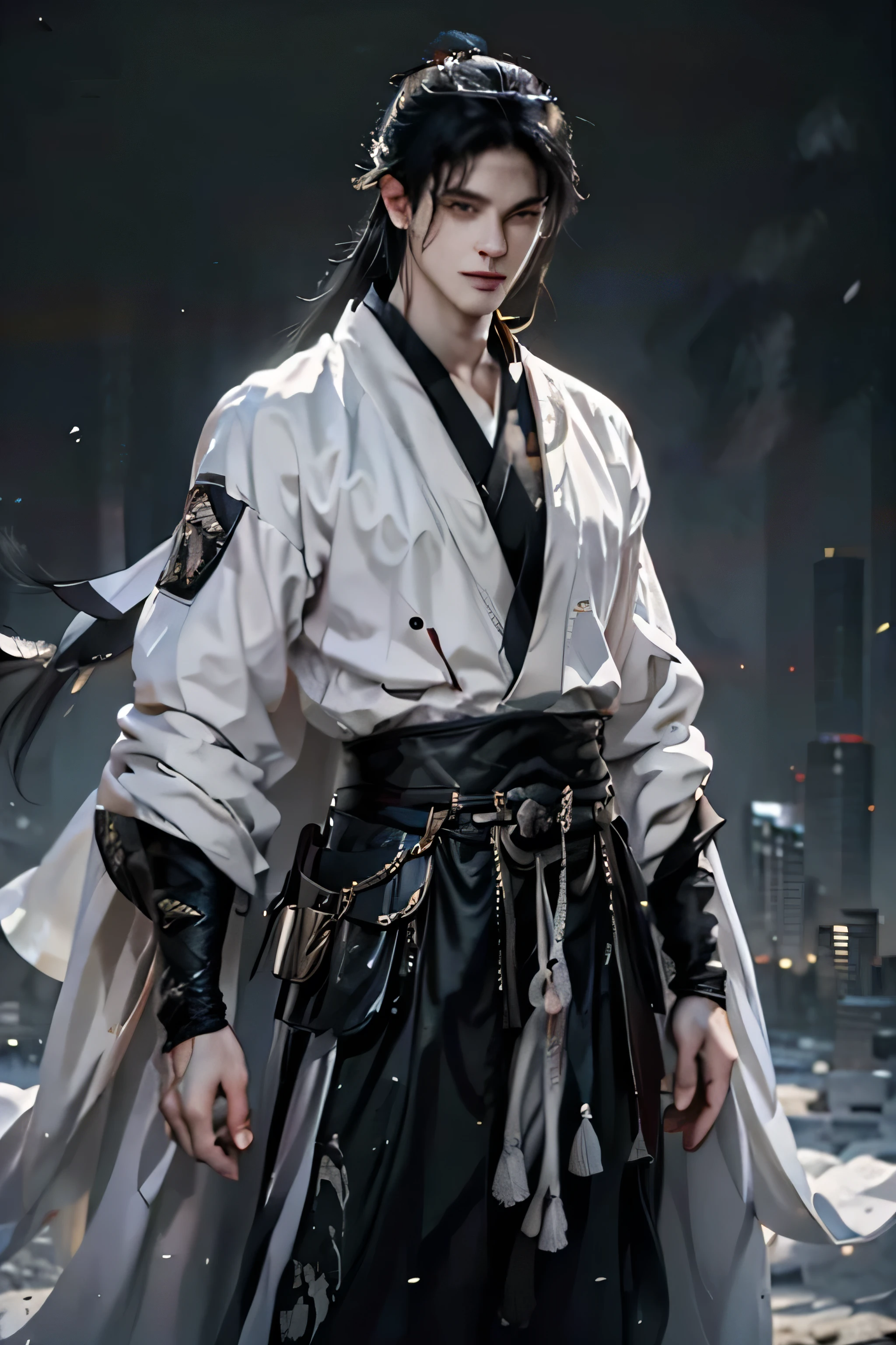cityscape view, 25 year old Naruto is a true masterpiece with masculine beauty, photorealistic, perfect face, perfect anatomy. charming attractive eyes, Perfect lines, 8K quality, wearing white shirt and white robe, white pants, black long hair, cinematic lighting, intricately detailed, white tetradic color, volumetric lighting, looking seriously into the distance, standing with one hand in pocket